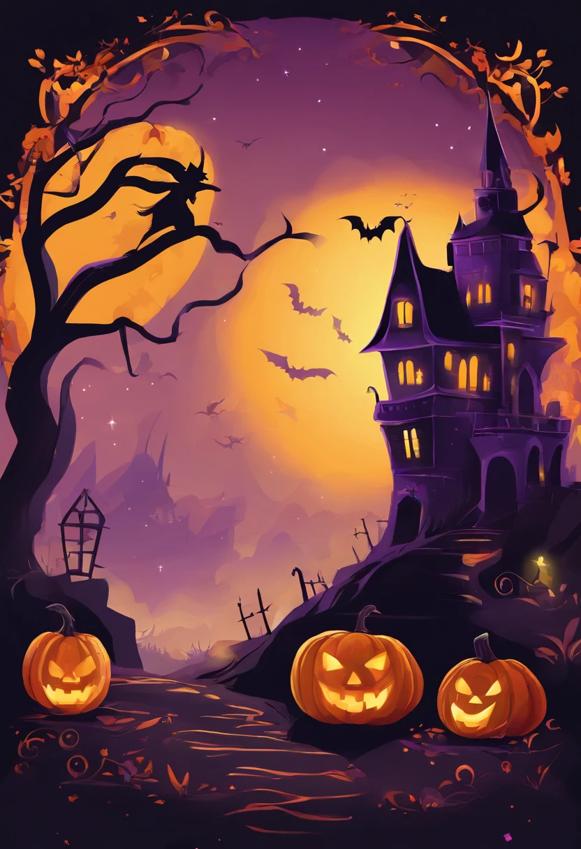 Halloween Elements, Digital Art: Black bat, Spooky pumpkin ghost, Spooky Moon, Ghost Broom, Purple Line Witch Talking Hat, Spider with yellow and black stripes, Witch's Castle, Magic black background, Minimalistic images with exclusive sticker illustrations