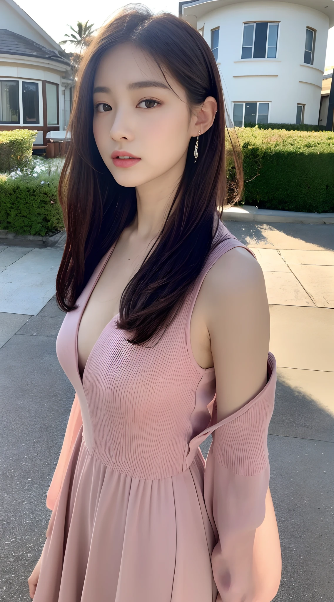 1 Girl,riverside,Soft Light,Chinese Beauty,Tight Fit,translucent,Lilac dress,