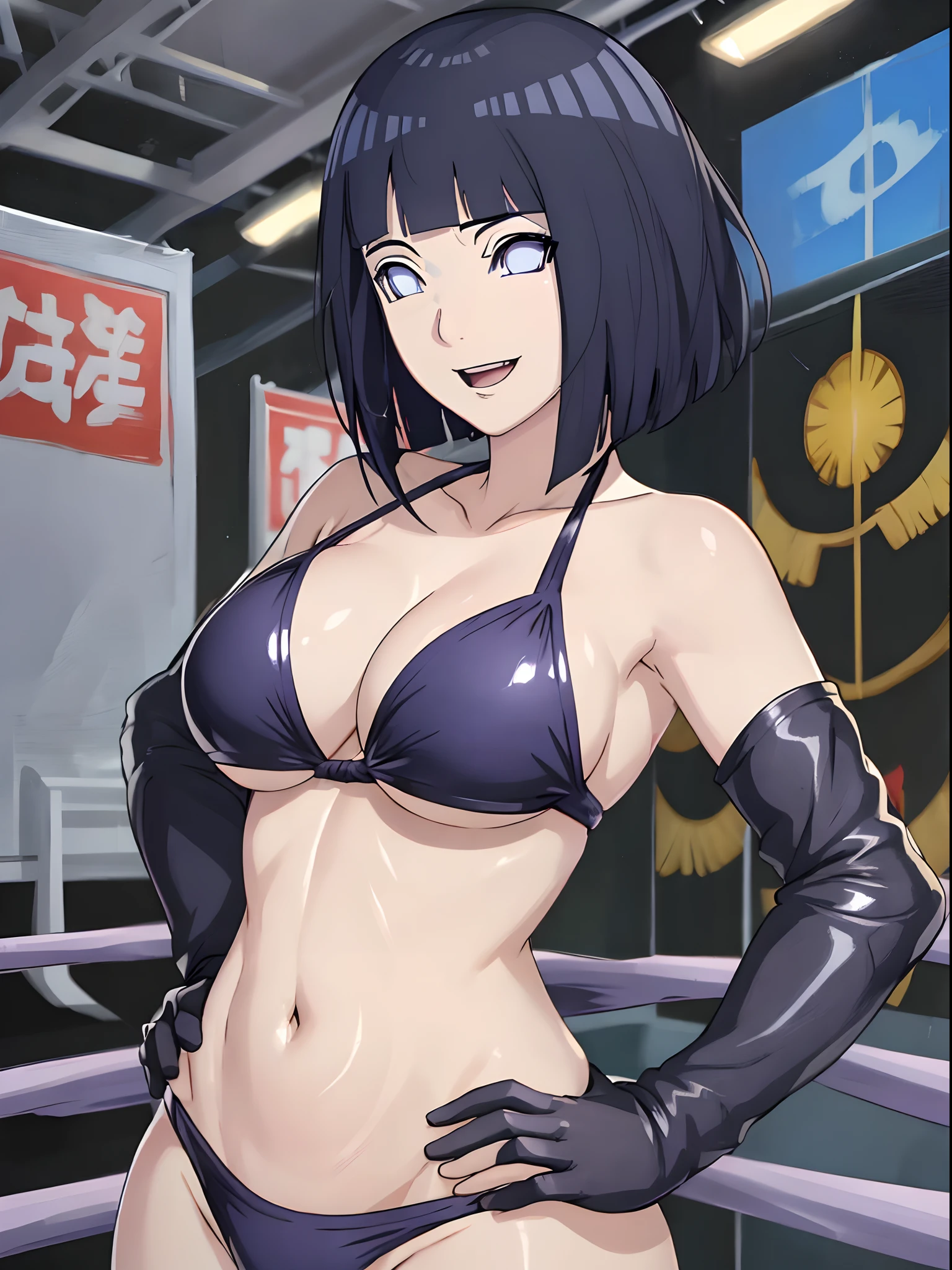 (ultra detailed body, ultra detailed face), ((solo, 1 girl)), anime style, hires, ((wrestling stage, children watching)), (hinata\(boruto\), (female wrestler), (slender body, broad shoulders), mature woman, milf, (black bikini, ultra detailed pro wrestling gear, long gloves), victorious, extremely gorgeous, winner, (smile, open mouth), (pale skin, shiny skin, lighting and shadow), (dark blue hair color:1.1), wavy hair, ((short hair, hime cut), big breasts, ((hands on hips)), (long belly), (very seductive), (perfect eyes, white sciera, bright eyes, white eyes, anime eyes)
