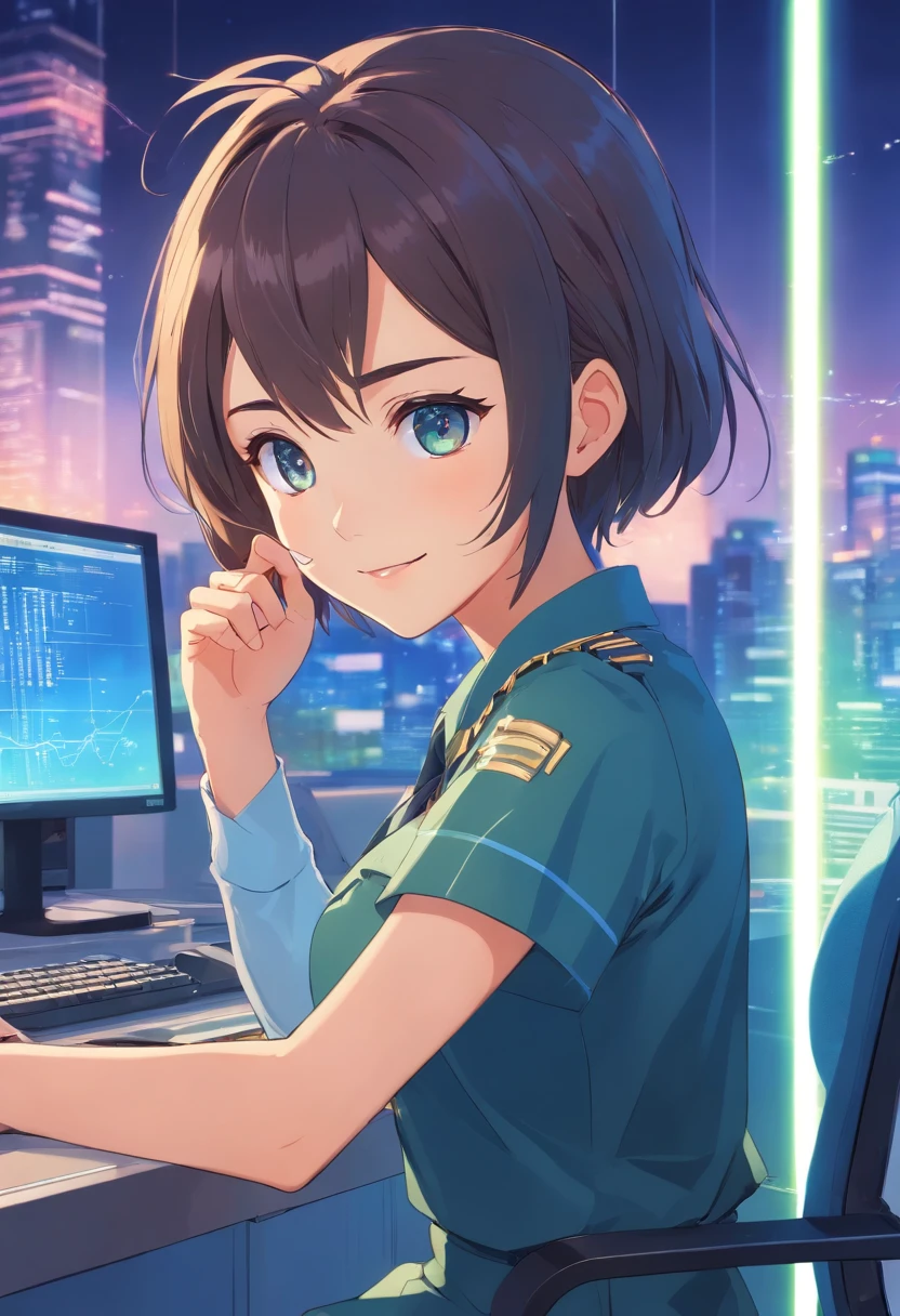 (best quality, realistic), 1 girl, working in Information Technology field, wearing uniform, miniskirt, beautiful detailed eyes, beautiful detailed lips, smile, professional lighting, futuristic technology, vibrant colors, digital interface, coding on multiple screens, high-tech gadgets, sleek modern office, confident posture, innovative ideas, cutting-edge equipment, software development, data analysis, problem-solving skills, collaboration and teamwork.
