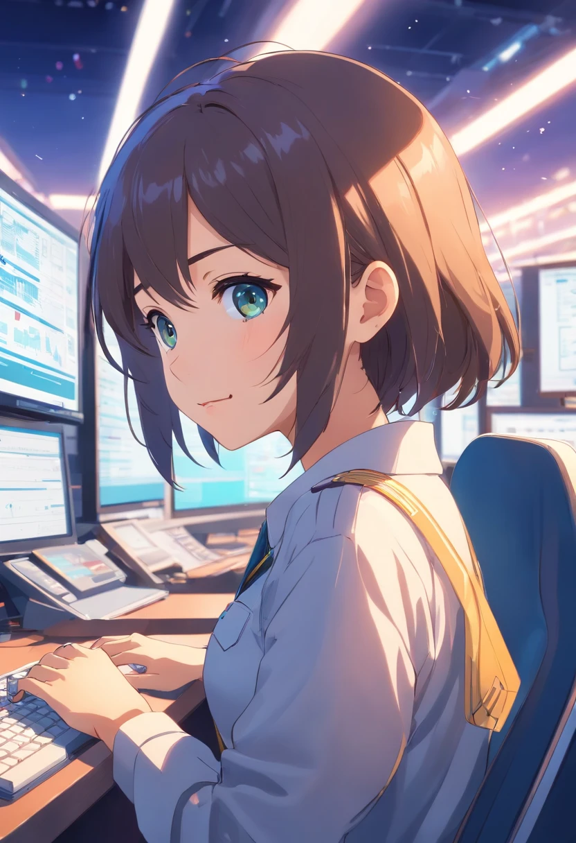 (best quality, realistic), 1 girl, working in Information Technology field, wearing uniform, miniskirt, beautiful detailed eyes, beautiful detailed lips, smile, professional lighting, futuristic technology, vibrant colors, digital interface, coding on multiple screens, high-tech gadgets, sleek modern office, confident posture, innovative ideas, cutting-edge equipment, software development, data analysis, problem-solving skills, collaboration and teamwork.