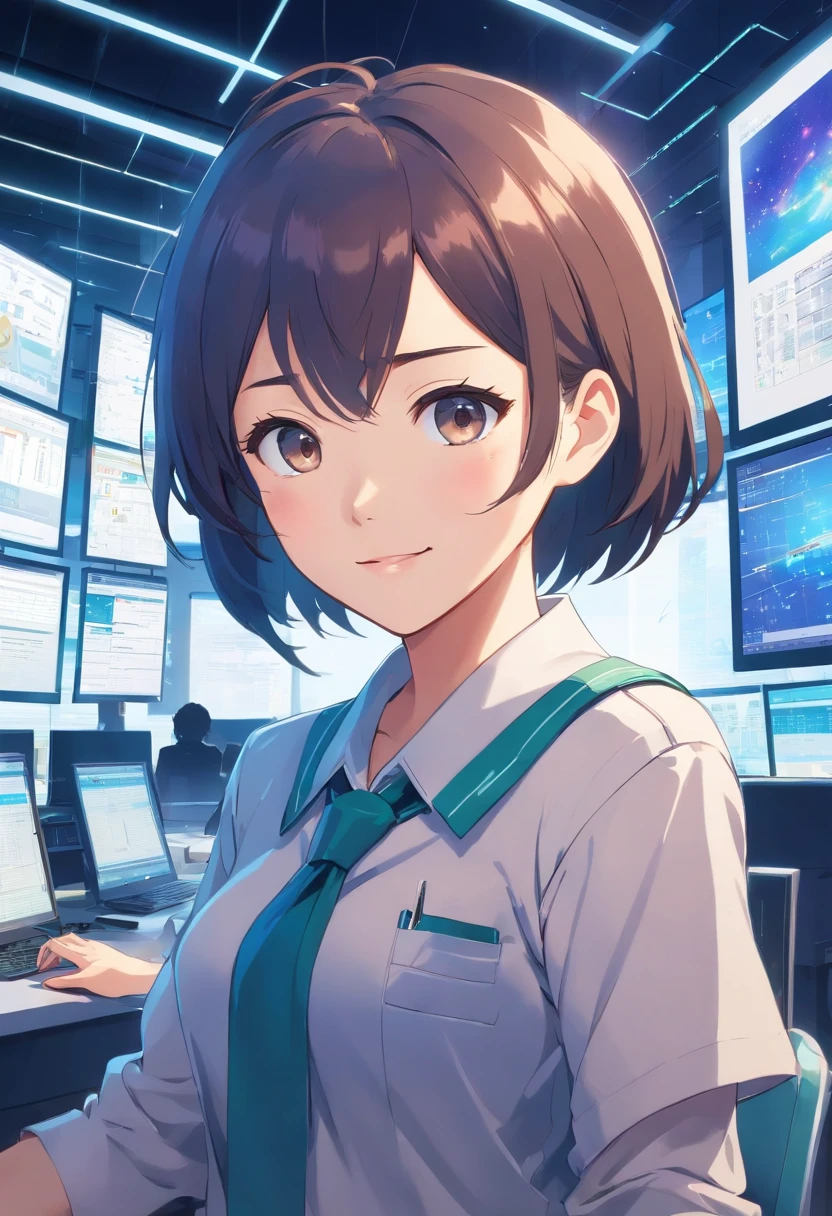 (best quality, realistic), 1 girl, working in Information Technology field, wearing uniform, miniskirt, beautiful detailed eyes, beautiful detailed lips, smile, professional lighting, futuristic technology, vibrant colors, digital interface, coding on multiple screens, high-tech gadgets, sleek modern office, confident posture, innovative ideas, cutting-edge equipment, software development, data analysis, problem-solving skills, collaboration and teamwork.