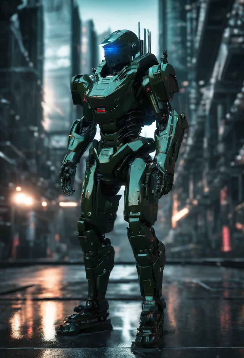 Futuristic soldier with advanced armor, weaponry, and helmet, dark army green, street, overcast, reflection mapping, intricate design and details, dramatic lighting, hyperrealism, photorealistic, cinematic, 8k, unreal engine