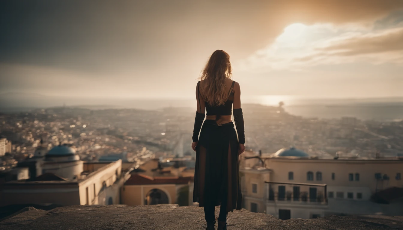 Cyberpunk style，greek myth, mito, (Full body lens: 1.0), Dutch angle, Back to back, 1 female, full bodyesbian, fly in sky，European city in background, ultra-wide-angle, High-altitude overlooking, Perspective