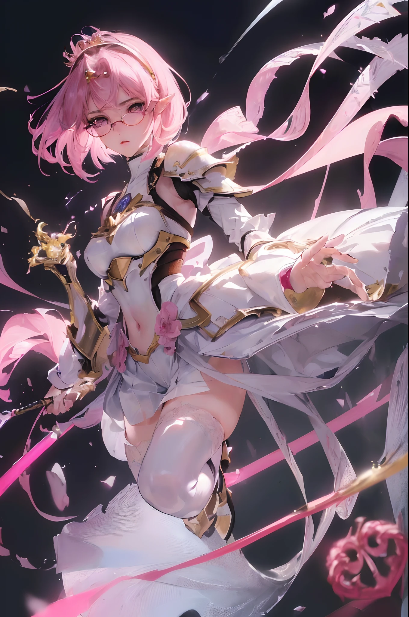 The charming royal sister has a pink glow, sensual lingerie, Suspender stockings, looking at viewert, busty figure, fleshy feeling, Sweat profusely, Perfect details, High-resolution fine textures, Depth of field effect, Brilliant lighting effects, lightand shade contrast, Ray tracing and flare effects, Best texture, Genre painting