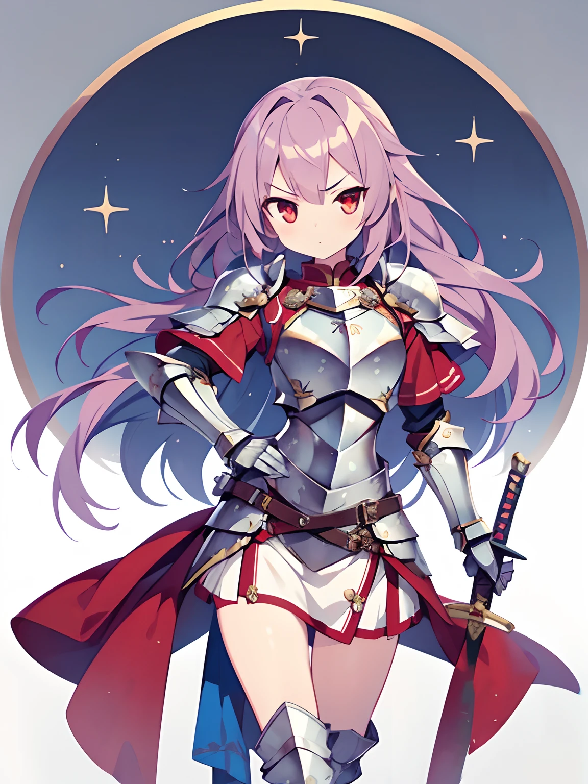 Highly detailed and realistic CG, Colorful , masutepiece, Best Quality, 1girl, violet hair, shiny hair, long hair, red eyes, shiny eyes, Female braves, Armor of the Brave, knight armor, Hero's miniskirt, knight boots, knight gloves, knight headarmor, serious, skinny legs, contrapposto, gripping decorated long sword in hand,　fantasy grassland,