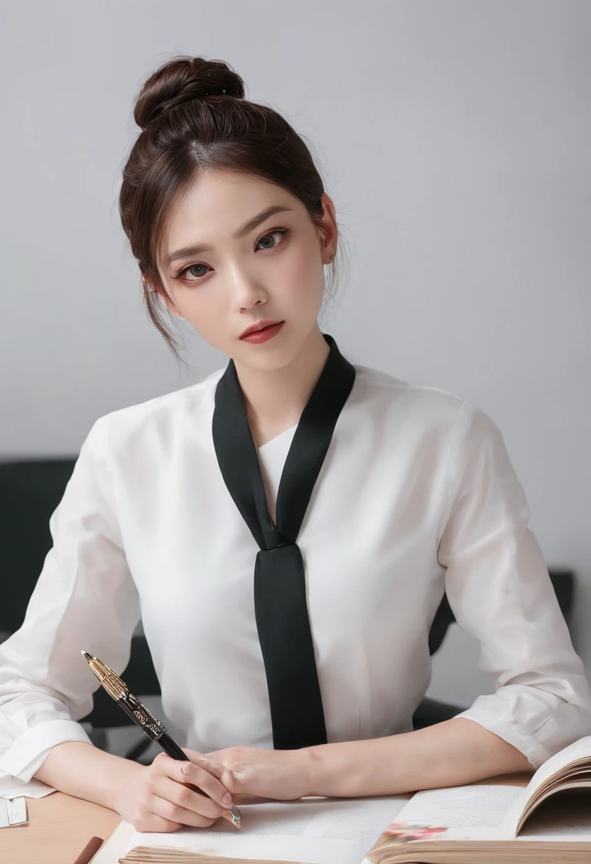(RAW photogr:1.2),The highest quality, 超高分辨率, A 30-year-old woman in the study:She has an intellectual and elegant temperament,With a low ponytail,Wear a white shirt and a black pencil skirt,Wear a pair of high heels on your feet。She sat at her desk,A pen in his hand,Concentrate on writing,The study was piled with books and some decorations,Create a tranquil learning atmosphere。