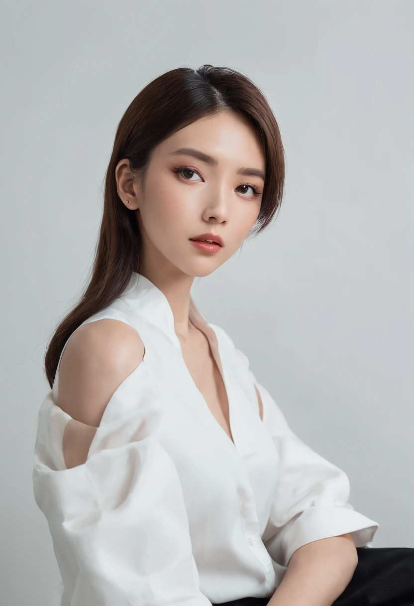girl with、The highest image quality、The right eye is hidden、white hair、bob cuts、Golden eyes、Shoulder out、Black tank top、Wearing a white shirt、confident look、Black tights、Doya face、full bodyesbian、Zito-order