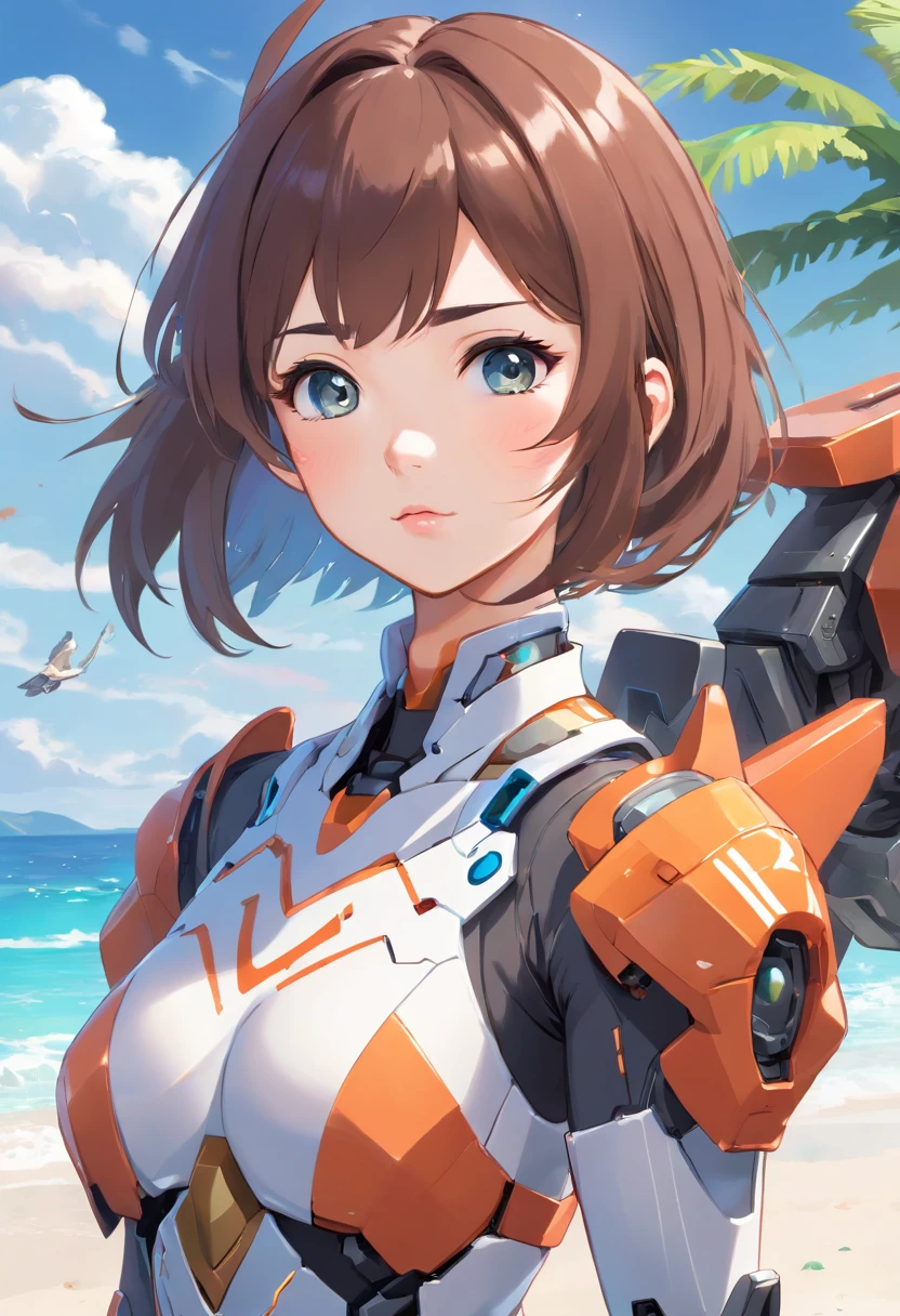 (((1mecha girl:1.3, solo))), (a bust shot of extremely pretty and beautiful milf:1.3), (22 years old: 1.1), (close bust image:1.5)), (sexy model standing pose:1.3), (arms up on head:1.3), view viewer, (Da Nang, Vietnam), (Da Nang Resort Beach:1.3), (front view:1.3), (looking straight at the viewer:1.3), close-up-photographed in a Canon EOS R5, 200mm Lens, F/2.8, break, (up-ponytail:1.3), (shiny-black thin hair:1.2), bangs, dark brown eyes, beautiful eyes, princess eyes, bangs, Hair between eyes, short hair:1.3, slender, (gigantic breasts:1.3, sagging breasts:1.3, disproportionate breasts;1.3), (thin waist: 1.3), (detailed beautiful girl: 1.4), Parted lips, Red lips, full-make-up face, (shiny skin), ((Perfect Female Body)), Perfect Anatomy, Perfect Proportions, (most beautiful Asian actress face:1.3, extremely cute and beautiful Korean idol face:1.3), (seductive emotion:1.3), (;p:1.3), BREAK, (wearing a mecha armor:1.3), detailed clothes, BREAK, white sand beach, private beach, blue ocean, blue sky, cloud, BREAK, (Realistic, Photorealistic: 1.37), (Masterpiece, Best Quality: 1.2), (Ultra High Resolution: 1.2), (RAW Photo: 1.2), (Sharp Focus: 1.3), (Face Focus: 1.2), (Ultra Detailed CG Unified 8k Wallpaper: 1.2), (Beautiful Skin: 1.2), (pale Skin:1.3), (Hyper Sharp Focus: 1.5), (Ultra Sharp Focus: 1.5), (Beautiful pretty face: 1.3), (super detailed background, detail background: 1.3), Ultra Realistic Photo, Hyper Sharp Image, Hyper Detail Image,