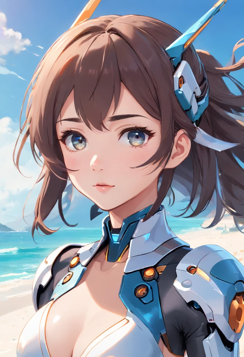 (((1mecha girl:1.3, solo))), (a bust shot of extremely pretty and beautiful milf:1.3), (22 years old: 1.1), (close bust image:1.5)), (sexy model standing pose:1.3), (arms up on head:1.3), view viewer, (Da Nang, Vietnam), (Da Nang Resort Beach:1.3), (front view:1.3), (looking straight at the viewer:1.3), close-up-photographed in a Canon EOS R5, 200mm Lens, F/2.8, break, (up-ponytail:1.3), (shiny-black thin hair:1.2), bangs, dark brown eyes, beautiful eyes, princess eyes, bangs, Hair between eyes, short hair:1.3, slender, (gigantic breasts:1.3, sagging breasts:1.3, disproportionate breasts;1.3), (thin waist: 1.3), (detailed beautiful girl: 1.4), Parted lips, Red lips, full-make-up face, (shiny skin), ((Perfect Female Body)), Perfect Anatomy, Perfect Proportions, (most beautiful Asian actress face:1.3, extremely cute and beautiful Korean idol face:1.3), (seductive emotion:1.3), (;p:1.3), BREAK, (wearing a mecha armor:1.3), detailed clothes, BREAK, white sand beach, private beach, blue ocean, blue sky, cloud, BREAK, (Realistic, Photorealistic: 1.37), (Masterpiece, Best Quality: 1.2), (Ultra High Resolution: 1.2), (RAW Photo: 1.2), (Sharp Focus: 1.3), (Face Focus: 1.2), (Ultra Detailed CG Unified 8k Wallpaper: 1.2), (Beautiful Skin: 1.2), (pale Skin:1.3), (Hyper Sharp Focus: 1.5), (Ultra Sharp Focus: 1.5), (Beautiful pretty face: 1.3), (super detailed background, detail background: 1.3), Ultra Realistic Photo, Hyper Sharp Image, Hyper Detail Image,