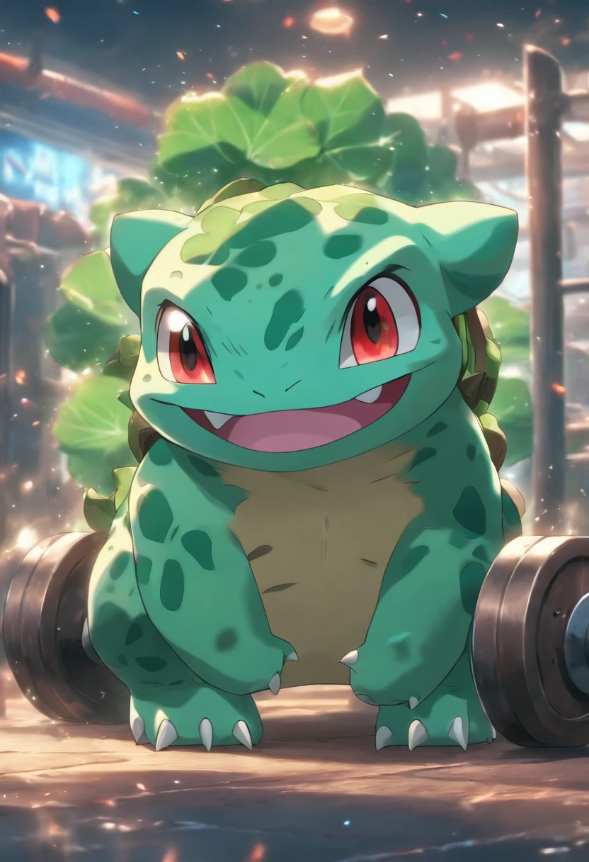 Bulbasaur is training in bench presses，Highest image quality，Cinematic texture，A masterpiece，tmasterpiece，