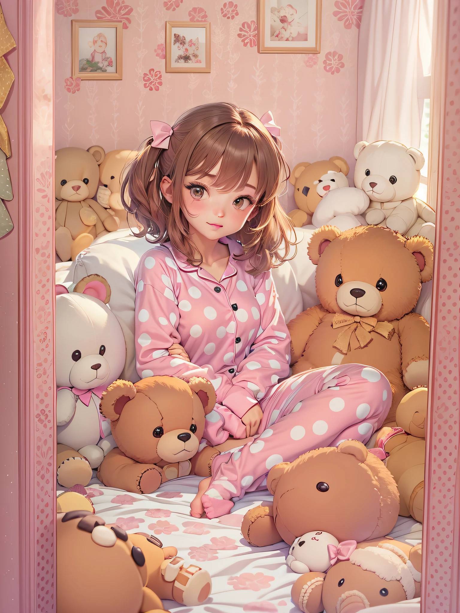 cute 18 year old girl dressed in polka dot pajamas, in a pink room full of teddy bears, anime style image