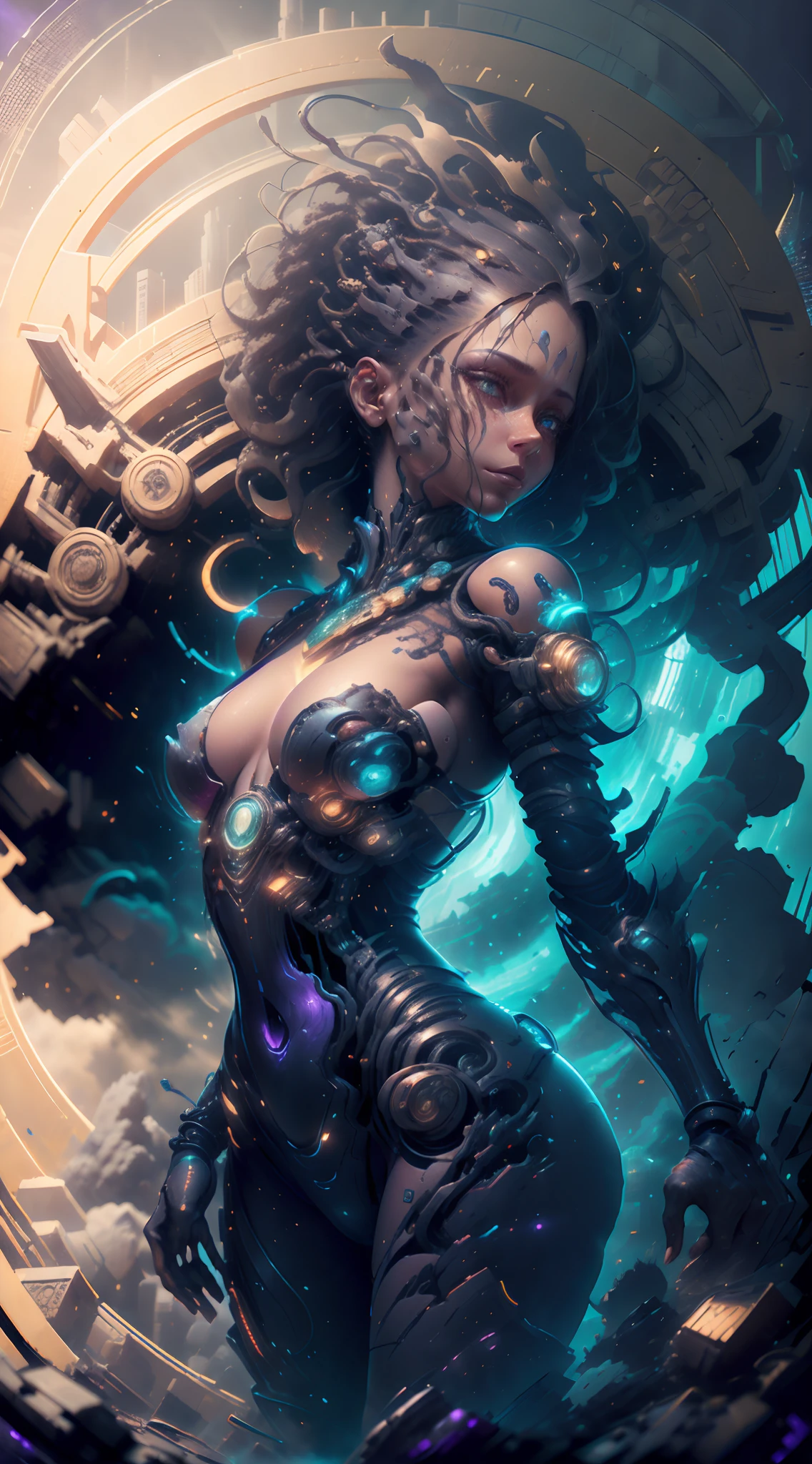 In a futuristic city, a girl a human arm and her second mecha arm and both mecha legs stand. The chrome metal glistening in the neon lights. His eyes are sharp and detailed, depicting a sense of determination. His face is adorned with intricate circuit patterns, adding to his robotic charm. Slightly separated, her lips hold an enigmatic smile. The exterior of the girl exudes strength and power, with elegant curves and perfectly designed body proportions. Her outfit is a fusion of technology and fashion, with a tight body that accentuates her agile movements. The suit is adorned with glowing LED strips, highlighting its robotic nature. She stands in a dynamic posture, a hand extended forward, as if to trigger a powerful explosion of her high-tech forearm guns. The scene takes place against a backdrop of futuristic skyscrapers, dominating the cityscape. The buildings are bathed in vibrant shades of blue and purple, creating a supernatural atmosphere. The streets below are animated by flying cars and bustling crowds, indicating the cutting-edge technology and bustling city life. The lighting of the scene is dramatic, projecting long shadows and accentuating the features of the girl. Neon signs on billboards and road signs create a colourful and dynamic atmosphere. The glow of the city reflects the polished surface of the mecha girl, highlighting the high level of detail and realism. This invite aims to generate a high quality, detailed and photorealistic image of a mecha girl in a futuristic city. The focus is on capturing the elegance of the mecha girl’s design, the vibrant atmosphere of the city and the play of light and shadows. The resulting image should be a masterpiece of digital art, with ultra-fine details and bright colors, giving life to this futuristic world.