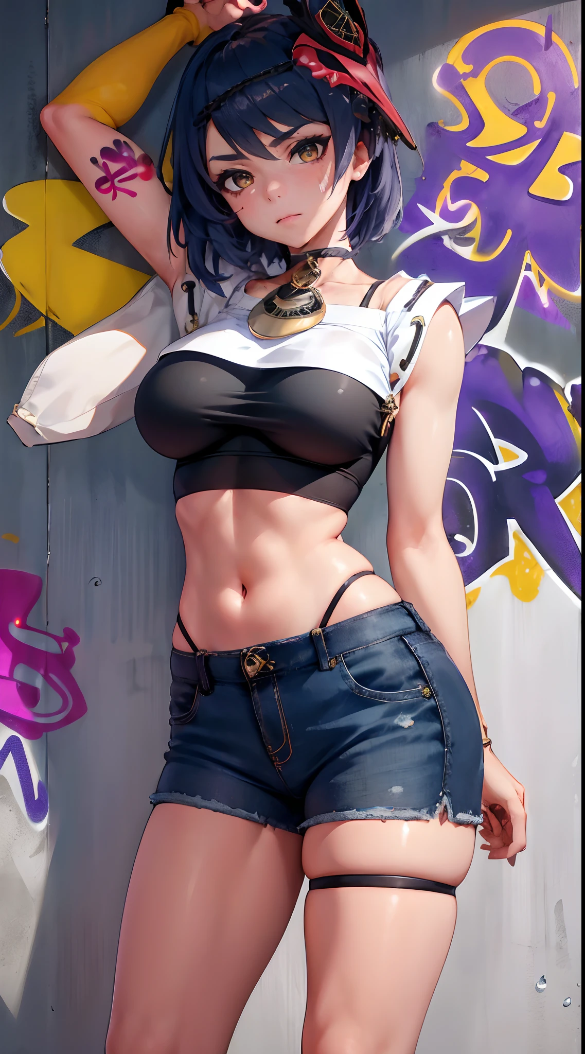 1girl, anime girl, anime, (dark skin), bracelet, necklace, earrings, 2d girl, 18y, (fullbody), standing, anime girl, seductive smile, (blue hair), flowing hair, hair flowing in the wind, ((black top)), ((underboob view)), Solo, Slim, Big Breasts, Tight Shorts, low waist shorts, upshorts, outdoors, night background, flowers, looking at viewer, darker shadows, (((Wedgie))), (((explicit))), (((shorts))), (((absurdres))), (((thigh gap))), (((cameltoe))), (((lowleg shorts))), (((sexy))), (((sensual))), (((Detailed description vagina)))