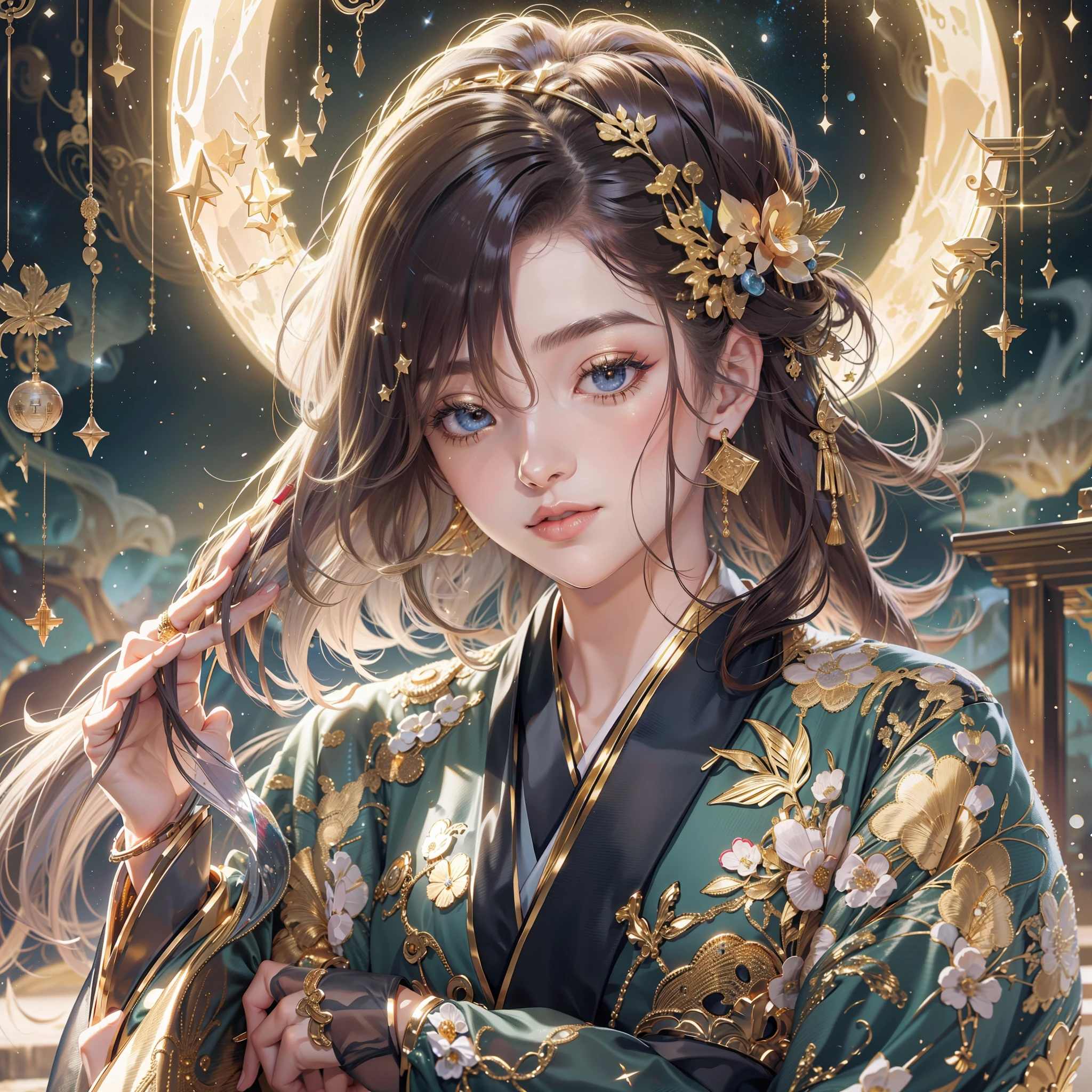 a moon、Detailed background((ancient city:1.2),Detailed starry sky background),glossy dark hair,Ponytail BREAK,elaborate costume{Luxury kimono(Colorful kimono(Detailed golden embroidery,))}、face perfect,Depict a beautiful and graceful woman of Japan。Heart in the eye。 Wallpaper 8K, .Blur the background with a sickle,((masutepiece)), ((Best Quality)),{{a portrait photo of}}