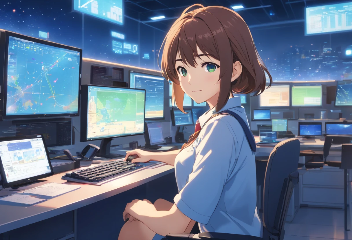 (best quality, realistic), 1 girl, working in Information Technology field, wearing uniform, miniskirt, beautiful detailed eyes, beautiful detailed lips, smile, professional lighting, futuristic technology, vibrant colors, digital interface, coding on multiple screens, high-tech gadgets, sleek modern office, confident posture, innovative ideas, cutting-edge equipment, software development, data analysis, problem-solving skills, collaboration and teamwork.