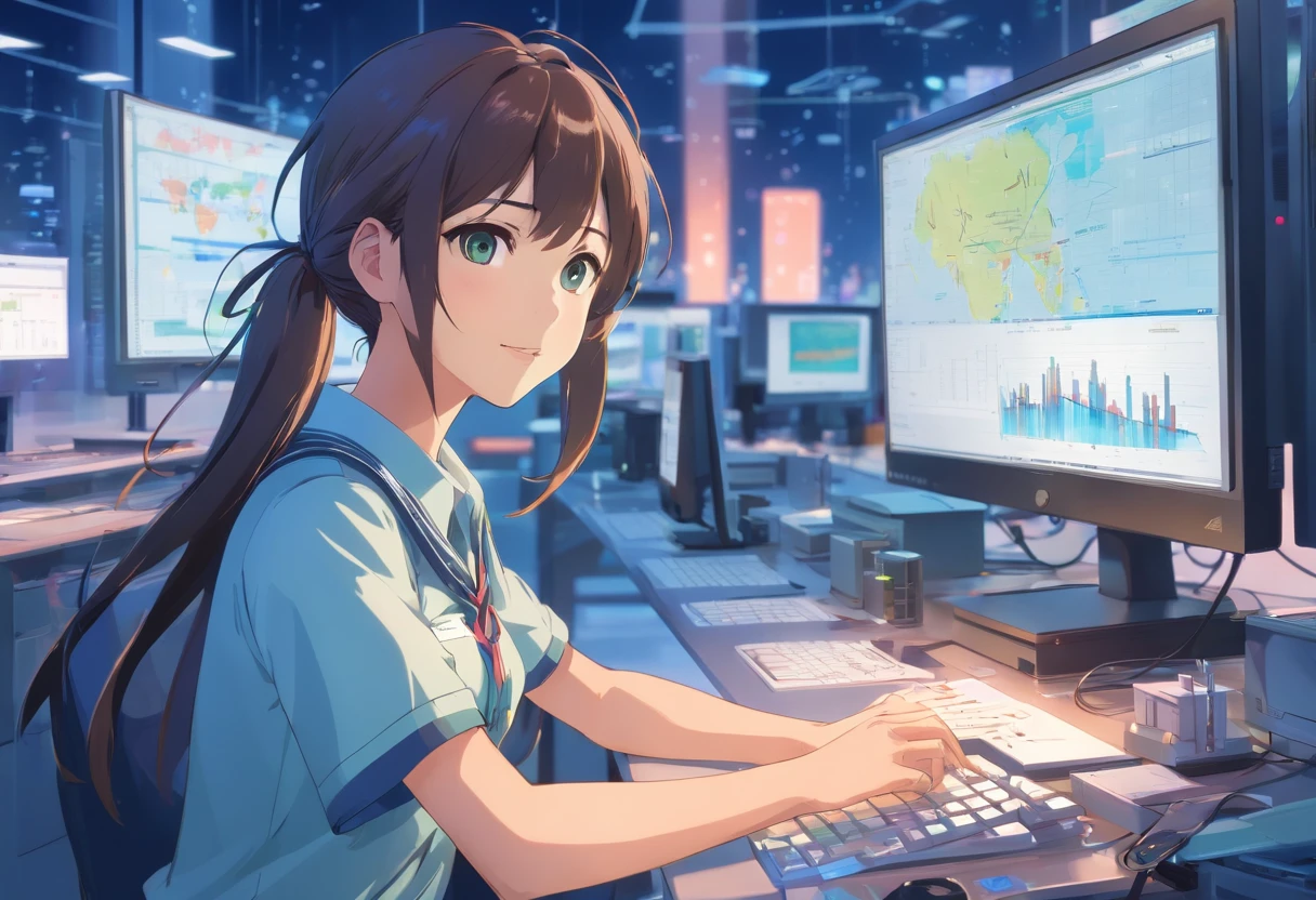 (best quality, realistic), 1 girl, working in Information Technology field, wearing uniform, miniskirt, beautiful detailed eyes, beautiful detailed lips, smile, professional lighting, futuristic technology, vibrant colors, digital interface, coding on multiple screens, high-tech gadgets, sleek modern office, confident posture, innovative ideas, cutting-edge equipment, software development, data analysis, problem-solving skills, collaboration and teamwork.