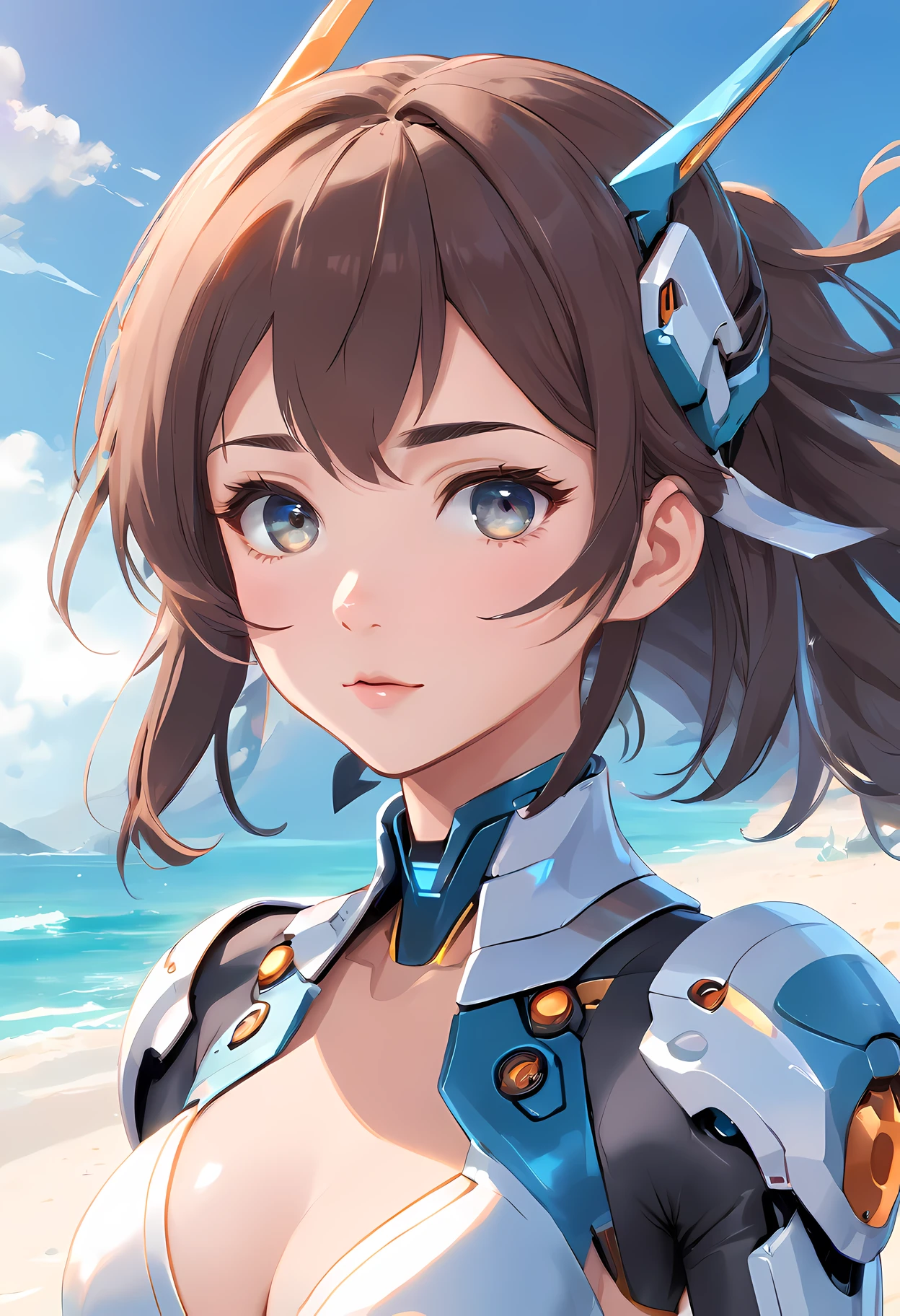 (((1mecha girl:1.3, solo))), (a bust shot of extremely pretty and beautiful milf:1.3), (22 years old: 1.1), (close bust image:1.5)), (sexy model standing pose:1.3), (arms up on head:1.3), view viewer, (Da Nang, Vietnam), (Da Nang Resort Beach:1.3), (front view:1.3), (looking straight at the viewer:1.3), close-up-photographed in a Canon EOS R5, 200mm Lens, F/2.8, break, (up-ponytail:1.3), (shiny-black thin hair:1.2), bangs, dark brown eyes, beautiful eyes, princess eyes, bangs, Hair between eyes, short hair:1.3, slender, (gigantic breasts:1.3, sagging breasts:1.3, disproportionate breasts;1.3), (thin waist: 1.3), (detailed beautiful girl: 1.4), Parted lips, Red lips, full-make-up face, (shiny skin), ((Perfect Female Body)), Perfect Anatomy, Perfect Proportions, (most beautiful Asian actress face:1.3, extremely cute and beautiful Korean idol face:1.3), (seductive emotion:1.3), (;p:1.3), BREAK, (wearing a mecha armor:1.3), detailed clothes, BREAK, white sand beach, private beach, blue ocean, blue sky, cloud, BREAK, (Realistic, Photorealistic: 1.37), (Masterpiece, Best Quality: 1.2), (Ultra High Resolution: 1.2), (RAW Photo: 1.2), (Sharp Focus: 1.3), (Face Focus: 1.2), (Ultra Detailed CG Unified 8k Wallpaper: 1.2), (Beautiful Skin: 1.2), (pale Skin:1.3), (Hyper Sharp Focus: 1.5), (Ultra Sharp Focus: 1.5), (Beautiful pretty face: 1.3), (super detailed background, detail background: 1.3), Ultra Realistic Photo, Hyper Sharp Image, Hyper Detail Image,