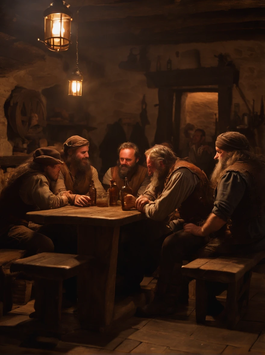 (bearded and mustachioed men,medieval Europe,tavern atmosphere like pirate movie,long shot,cinematic,8k resolution:1.2,masterpiece:1.2),group of men at a lively tavern, enjoying their drinks and conversation, vintage wood-paneled interior, dimly lit by flickering candlelight, heavy smoke wafting through the air, rowdy and boisterous environment, rustic wooden tables and chairs, old barrels of beer stacked along the walls, men wearing rugged clothing and leather boots, intricately designed tankards in their hands, facial hair meticulously groomed, laughter and songs filling the air, capturing the camaraderie and liveliness of the medieval tavern scene