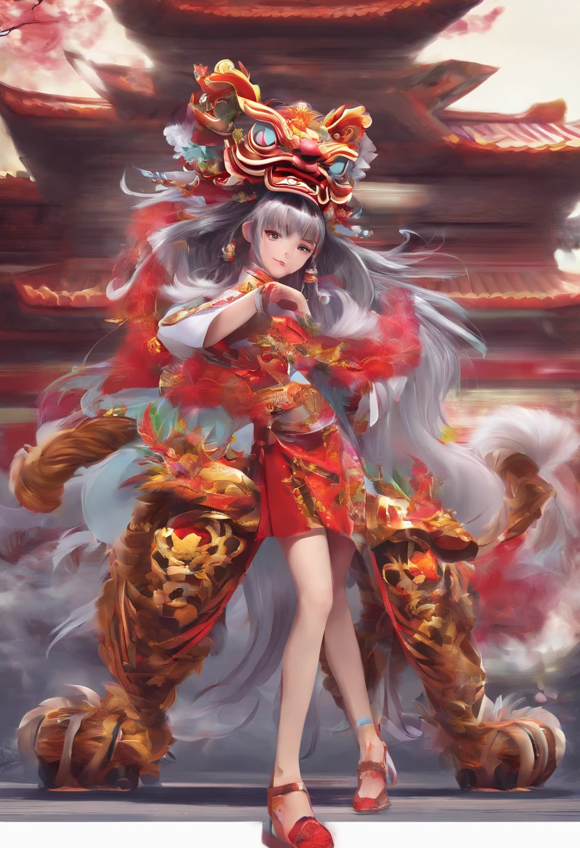 China-style,Lion dance girl,highly detailed surreal vfx,Smudge,Faraway view,super-fine,ultra - detailed,high qulity,8K ,oc rendered,dynamic viewing angle