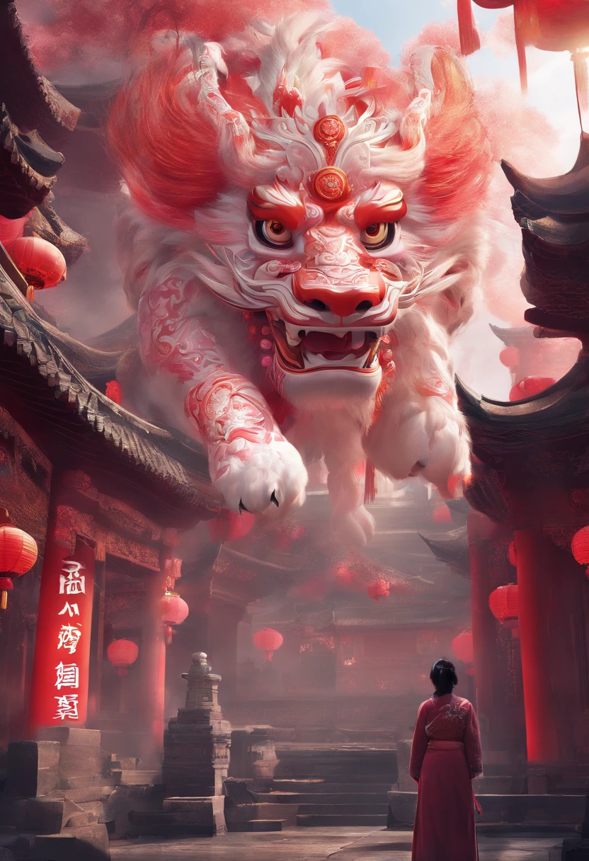 China-style，Lion dance girl，highly detailed surreal vfx，Smudge，Faraway view，super-fine，ultra - detailed，high qulity，8K ，oc rendered，dynamic viewing angle