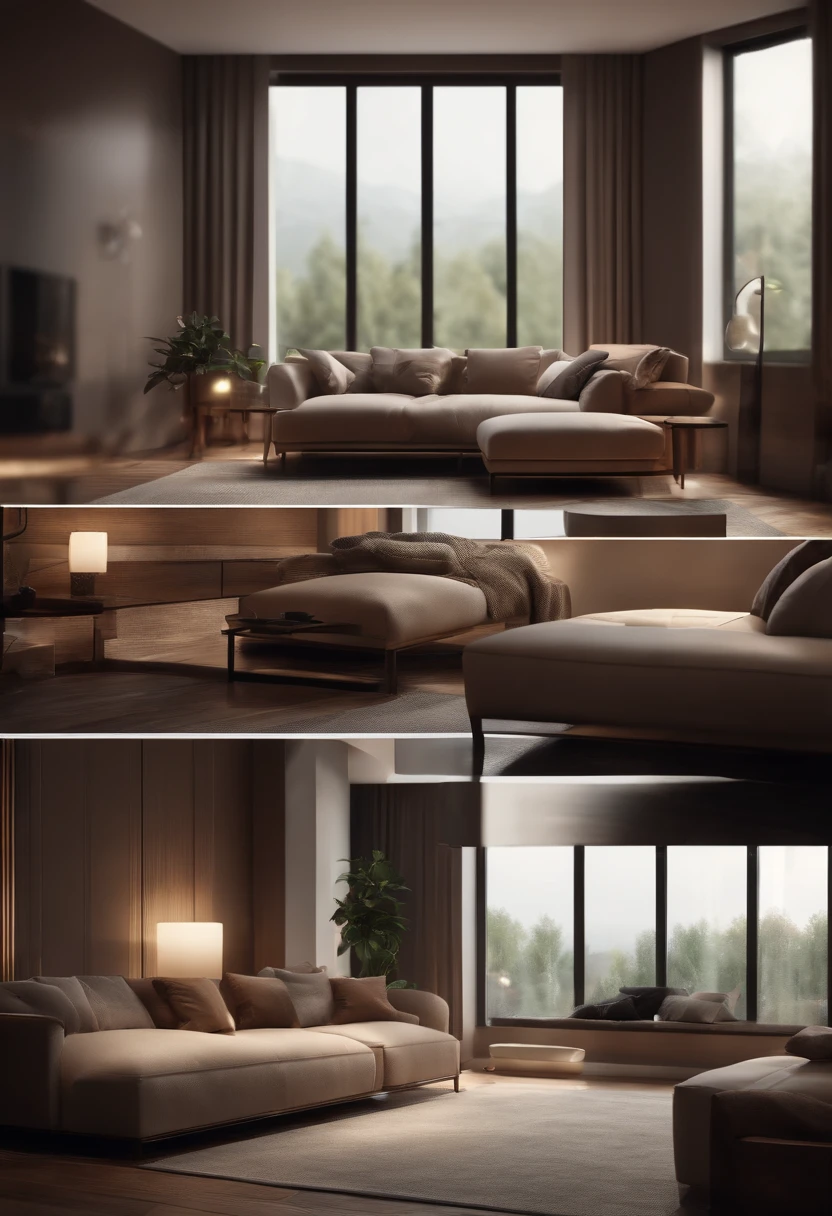 Interior design of a room with two floor-to-ceiling windows, realism, modest furnishings 3D render