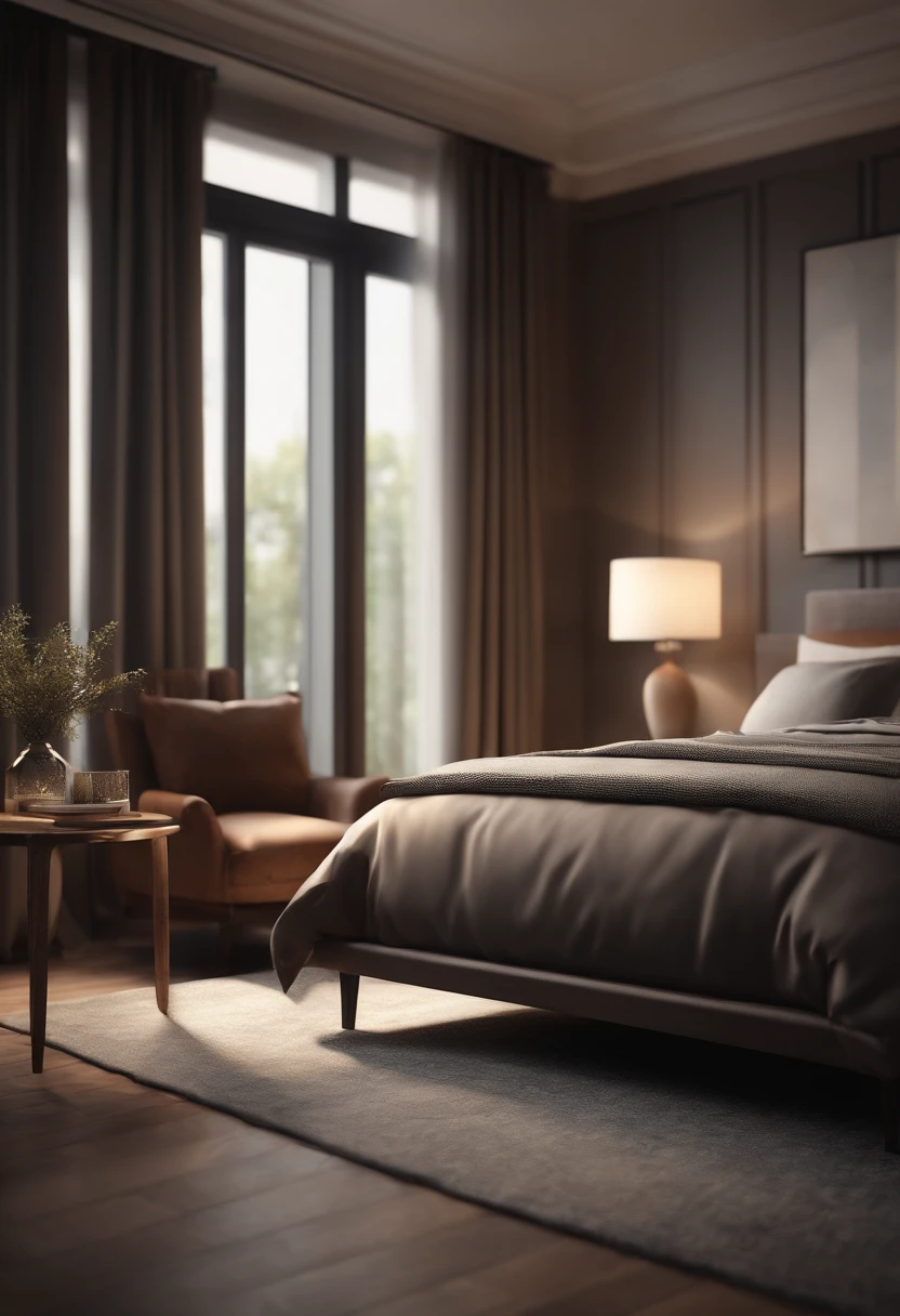 Interior design of a room with two floor-to-ceiling windows, realism, modest furnishings 3D render
