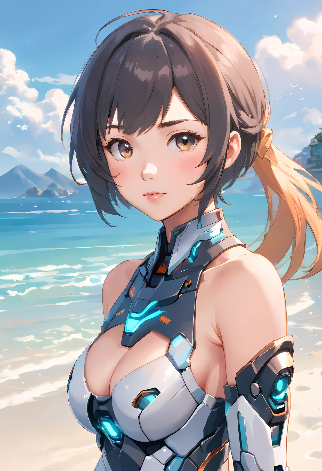 (((1mecha girl:1.3, solo))), (a bust shot of extremely pretty and beautiful milf:1.3), (22 years old: 1.1), (close bust image:1.5)), (sexy model standing pose:1.3), (arms up on head:1.3), view viewer, (Da Nang, Vietnam), (Da Nang Resort Beach:1.3), (front view:1.3), (looking straight at the viewer:1.3), close-up-photographed in a Canon EOS R5, 200mm Lens, F/2.8, break, (up-ponytail:1.3), (shiny-black thin hair:1.2), bangs, dark brown eyes, beautiful eyes, princess eyes, bangs, Hair between eyes, short hair:1.3, slender, (gigantic breasts:1.3, sagging breasts:1.3, disproportionate breasts;1.3), (thin waist: 1.3), (detailed beautiful girl: 1.4), Parted lips, Red lips, full-make-up face, (shiny skin), ((Perfect Female Body)), Perfect Anatomy, Perfect Proportions, (most beautiful Asian actress face:1.3, extremely cute and beautiful Korean idol face:1.3), (seductive emotion:1.3), (;p:1.3), BREAK, (wearing a mecha armor:1.3), detailed clothes, BREAK, white sand beach, private beach, blue ocean, blue sky, cloud, BREAK, (Realistic, Photorealistic: 1.37), (Masterpiece, Best Quality: 1.2), (Ultra High Resolution: 1.2), (RAW Photo: 1.2), (Sharp Focus: 1.3), (Face Focus: 1.2), (Ultra Detailed CG Unified 8k Wallpaper: 1.2), (Beautiful Skin: 1.2), (pale Skin:1.3), (Hyper Sharp Focus: 1.5), (Ultra Sharp Focus: 1.5), (Beautiful pretty face: 1.3), (super detailed background, detail background: 1.3), Ultra Realistic Photo, Hyper Sharp Image, Hyper Detail Image,