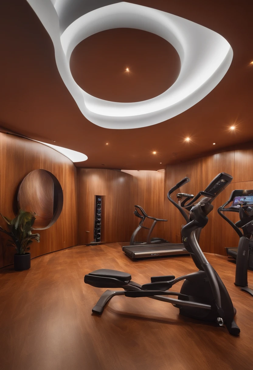 Art space,Smooth curves,Wooden atmosphere,There are fitness machines
