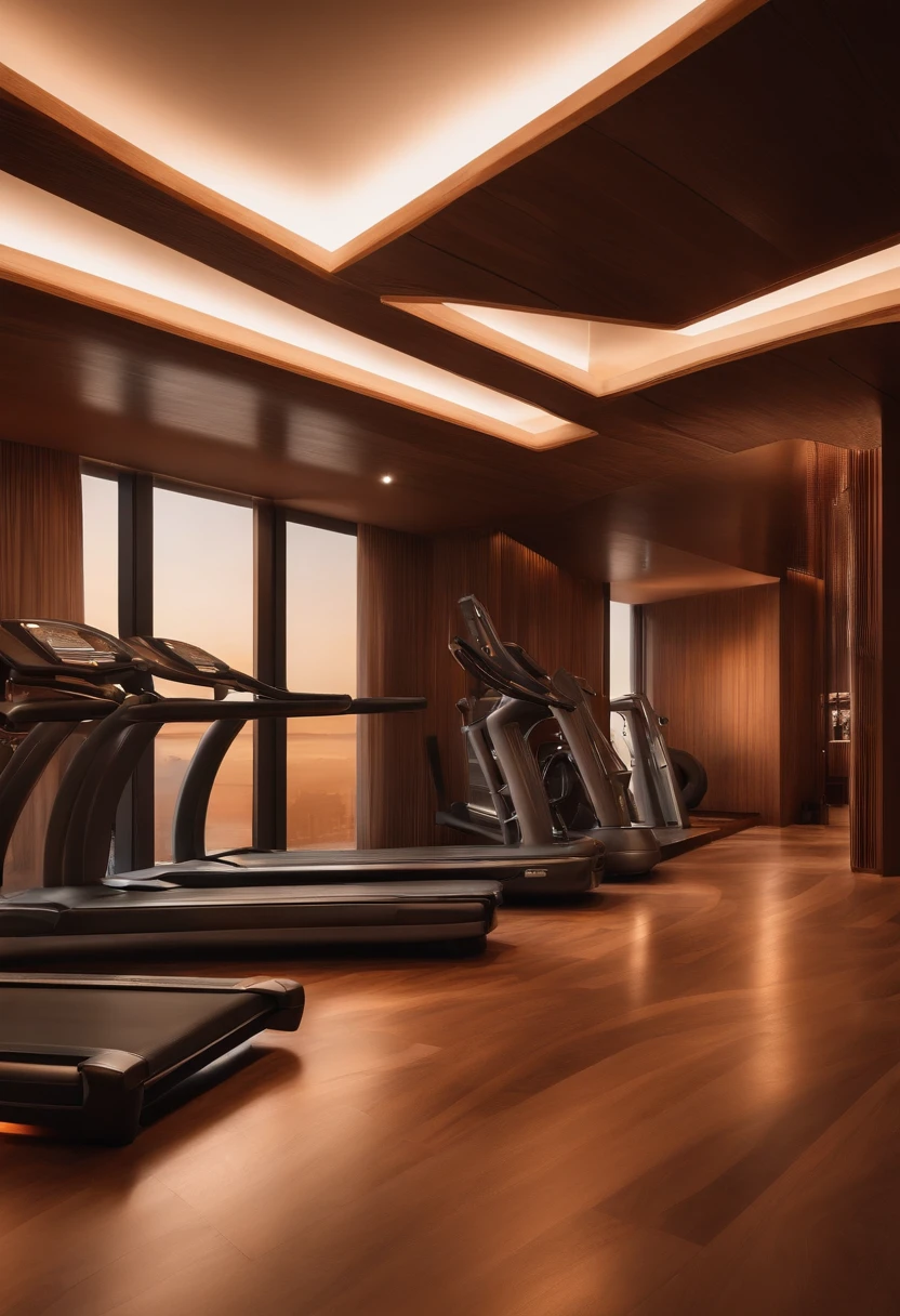 Art space,Smooth curves,Wooden atmosphere,There are fitness machines