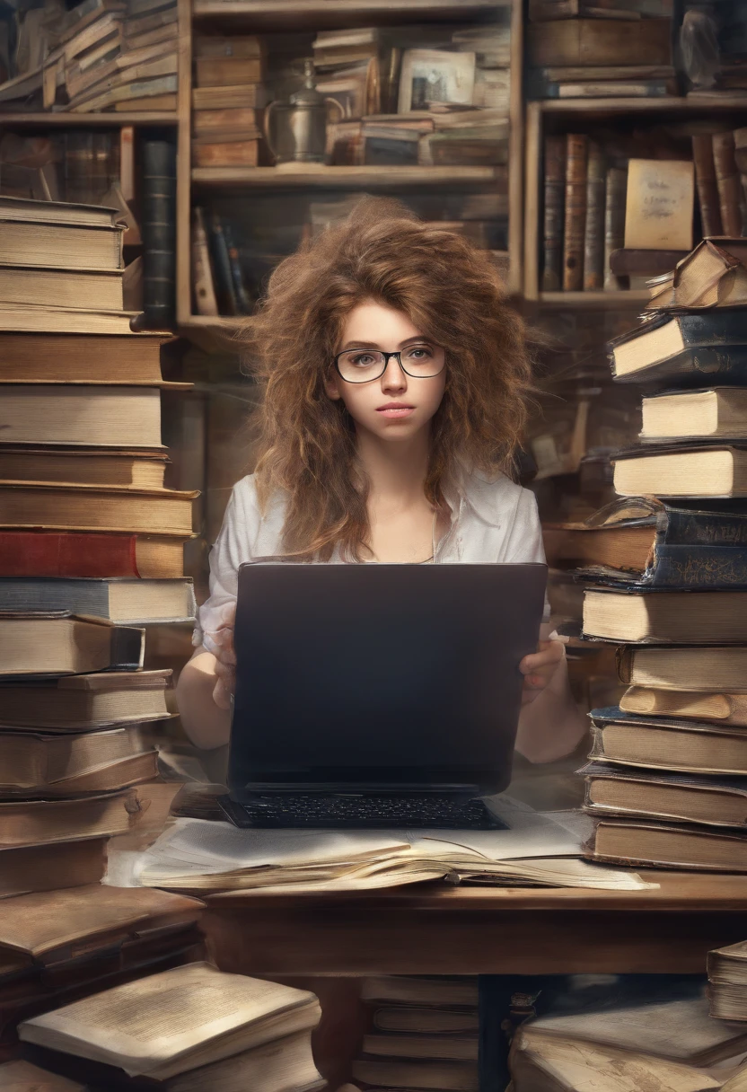 1girl, study room, high school student studying, studying stress, messy hair, books everywhere, many computer screens