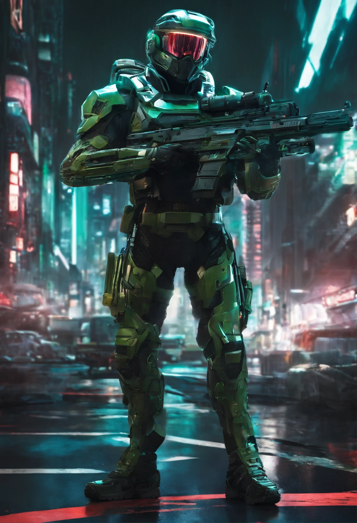 Futuristic soldier with advanced armor, weaponry, and helmet, dark army green, street, overcast, reflection mapping, intricate design and details, dramatic lighting, hyperrealism, photorealistic, cinematic, 8k, unreal engine