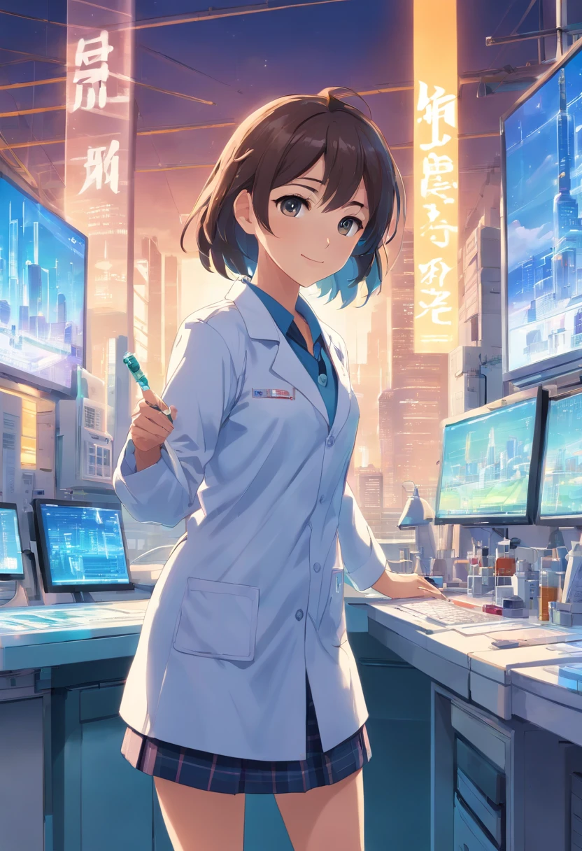 1 girl, female, scientist, physics, wearing laboratory coat, miniskirt, beautiful detailed eyes and lips, smile, holding a test tube, standing in a high-tech laboratory, surrounded by futuristic equipment and holographic displays, with a breathtaking view of the city skyline outside the lab windows. The artwork should be a highly detailed, realistic digital painting with an emphasis on vivid colors, sharp focus, and professional lighting.