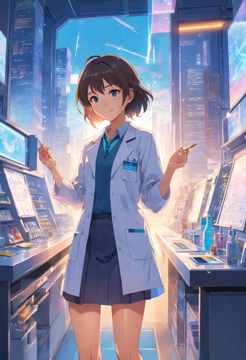 1 girl, female, scientist, physics, wearing laboratory coat, miniskirt, beautiful detailed eyes and lips, smile, holding a test tube, standing in a high-tech laboratory, surrounded by futuristic equipment and holographic displays, with a breathtaking view of the city skyline outside the lab windows. The artwork should be a highly detailed, realistic digital painting with an emphasis on vivid colors, sharp focus, and professional lighting.
