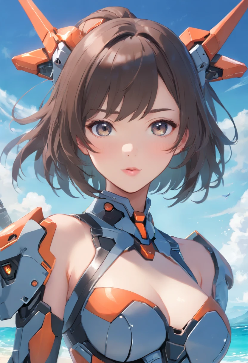 (((1mecha girl:1.3, solo))), (a bust shot of extremely pretty and beautiful milf:1.3), (22 years old: 1.1), (close bust image:1.5)), (sexy model standing pose:1.3), (arms up on head:1.3), view viewer, (Da Nang, Vietnam), (Da Nang Resort Beach:1.3), (front view:1.3), (looking straight at the viewer:1.3), close-up-photographed in a Canon EOS R5, 200mm Lens, F/2.8, break, (up-ponytail:1.3), (shiny-black thin hair:1.2), bangs, dark brown eyes, beautiful eyes, princess eyes, bangs, Hair between eyes, short hair:1.3, slender, (gigantic breasts:1.3, sagging breasts:1.3, disproportionate breasts;1.3), (thin waist: 1.3), (detailed beautiful girl: 1.4), Parted lips, Red lips, full-make-up face, (shiny skin), ((Perfect Female Body)), Perfect Anatomy, Perfect Proportions, (most beautiful Asian actress face:1.3, extremely cute and beautiful Korean idol face:1.3), (seductive emotion:1.3), (;p:1.3), BREAK, (wearing a black cyborg full-bodysuit:1.3), detailed clothes, BREAK, white sand beach, private beach, blue ocean, blue sky, cloud, BREAK, (Realistic, Photorealistic: 1.37), (Masterpiece, Best Quality: 1.2), (Ultra High Resolution: 1.2), (RAW Photo: 1.2), (Sharp Focus: 1.3), (Face Focus: 1.2), (Ultra Detailed CG Unified 8k Wallpaper: 1.2), (Beautiful Skin: 1.2), (pale Skin:1.3), (Hyper Sharp Focus: 1.5), (Ultra Sharp Focus: 1.5), (Beautiful pretty face: 1.3), (super detailed background, detail background: 1.3), Ultra Realistic Photo, Hyper Sharp Image, Hyper Detail Image,