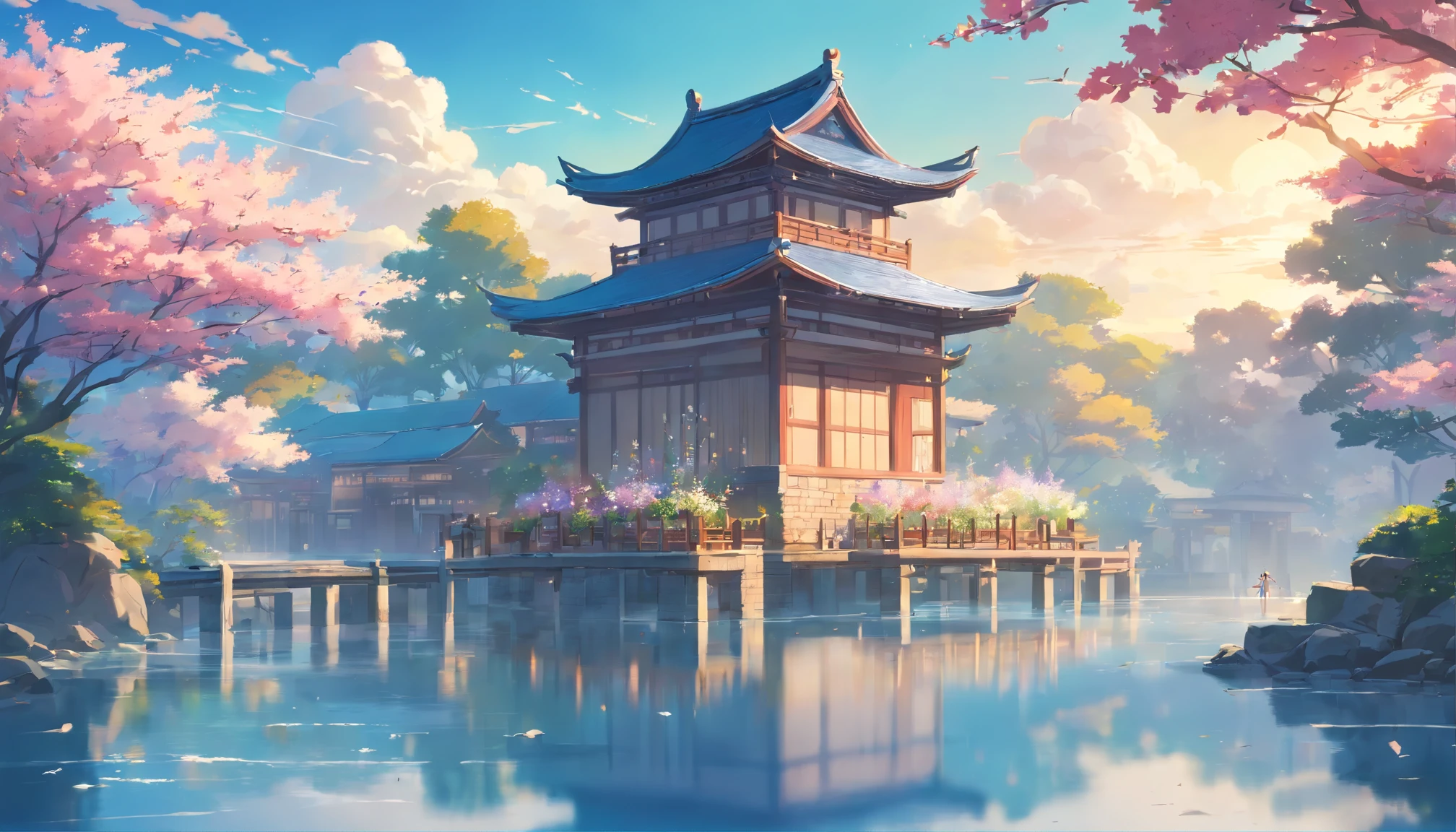 Medieval landscape and water wind, fairy air fluttering, flowers like brocade, ancient pavilion, auspicious clouds