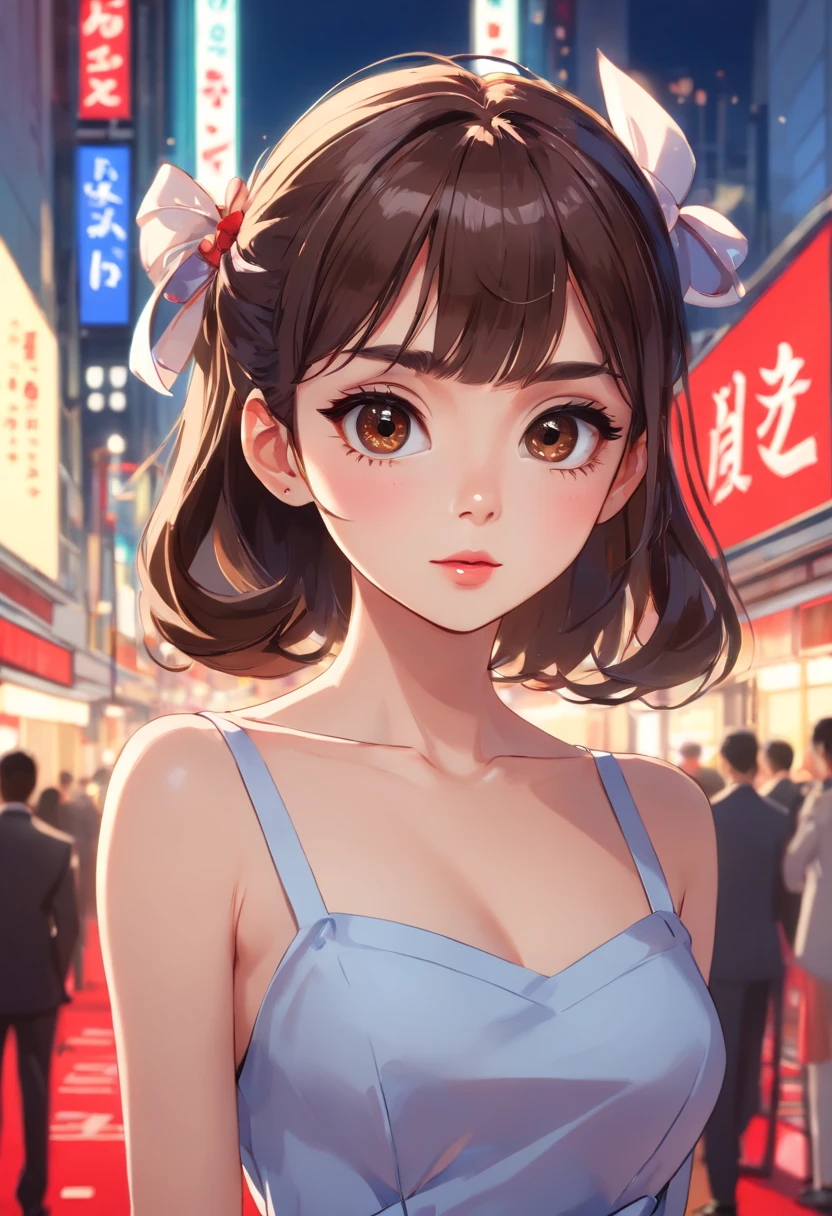 (1mecha girl:1.3, solo), (Audrey Hepburn:1.3), (a extremely pretty and beautiful Japanese woman), (sexy girl), (professional attire:1.3), (22 years old: 1.1), (walking on red carpet:1.3), (attractive random posing:1.3), (in the night royal party:1.3), (looking straight at you:1.3), (starring at you:1.3), (front view:1.3), (from side:1.3), break, (ponytail:1.3), (shiny-black thin hair:1.2), bangs, dark brown eyes, beautiful eyes, princess eyes, (big eyes:1.3), bangs, wearing a glasses:1.3, Hair between eyes, short hair:1.3, (slender:1.1), (small-medium-breasts:0.95), (thin waist: 1.15), (detailed beautiful girl: 1.4), Parted lips, Red lips, full-make-up face, (shiny skin), ((Perfect Female Body)), (upper body image:1.3), Perfect Anatomy, Perfect Proportions, (most beautiful Korean actress face:1.3, extremely cute and beautiful Japanese actress face:1.3), BREAK, (View viewer, wearing a lovely bitch cordinate, (insanely detailed yellow camisole dress:1.3), (white cyborg armor:1.3), (pin-heels:1.3), detailed clothes, BREAK, (detailed royal night party background:1.2), (dark background), (Studio soft lighting: 1.3), (fake lights: 1.3), (backlight: 1.3), BREAK, (Realistic, Photorealistic: 1.37), (Masterpiece, Best Quality: 1.2), (Ultra High Resolution: 1.2), (RAW Photo: 1.2), (Sharp Focus: 1.3), (Face Focus: 1.2), (Ultra Detailed CG Unified 8k Wallpaper: 1.2), (Beautiful Skin: 1.2), (pale Skin: 1.3), (Hyper Sharp Focus: 1.5), (Ultra Sharp Focus: 1.5), (Beautiful pretty face: 1.3), (super detailed background, detail background: 1.3), Ultra Realistic Photo, Hyper Sharp Image, Hyper Detail Image,