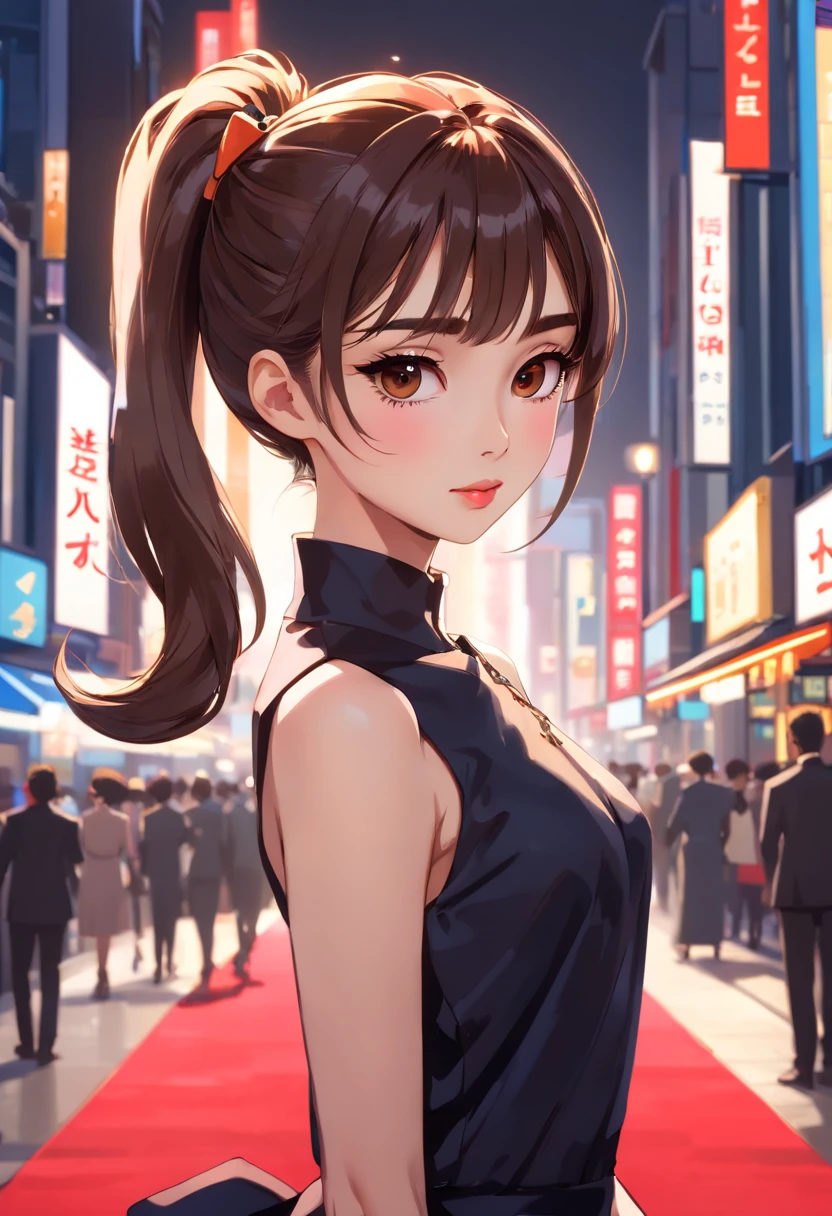 (1mecha girl:1.3, solo), (Audrey Hepburn:1.3), (a extremely pretty and beautiful Japanese woman), (sexy girl), (professional attire:1.3), (22 years old: 1.1), (walking on red carpet:1.3), (attractive random posing:1.3), (in the night royal party:1.3), (looking straight at you:1.3), (starring at you:1.3), (front view:1.3), (from side:1.3), break, (ponytail:1.3), (shiny-black thin hair:1.2), bangs, dark brown eyes, beautiful eyes, princess eyes, (big eyes:1.3), bangs, wearing a glasses:1.3, Hair between eyes, short hair:1.3, (slender:1.1), (small-medium-breasts:0.95), (thin waist: 1.15), (detailed beautiful girl: 1.4), Parted lips, Red lips, full-make-up face, (shiny skin), ((Perfect Female Body)), (upper body image:1.3), Perfect Anatomy, Perfect Proportions, (most beautiful Korean actress face:1.3, extremely cute and beautiful Japanese actress face:1.3), BREAK, (View viewer, wearing a lovely bitch cordinate, (insanely detailed yellow camisole dress:1.3), (white cyborg armor:1.3), (pin-heels:1.3), detailed clothes, BREAK, (detailed royal night party background:1.2), (dark background), (Studio soft lighting: 1.3), (fake lights: 1.3), (backlight: 1.3), BREAK, (Realistic, Photorealistic: 1.37), (Masterpiece, Best Quality: 1.2), (Ultra High Resolution: 1.2), (RAW Photo: 1.2), (Sharp Focus: 1.3), (Face Focus: 1.2), (Ultra Detailed CG Unified 8k Wallpaper: 1.2), (Beautiful Skin: 1.2), (pale Skin: 1.3), (Hyper Sharp Focus: 1.5), (Ultra Sharp Focus: 1.5), (Beautiful pretty face: 1.3), (super detailed background, detail background: 1.3), Ultra Realistic Photo, Hyper Sharp Image, Hyper Detail Image,