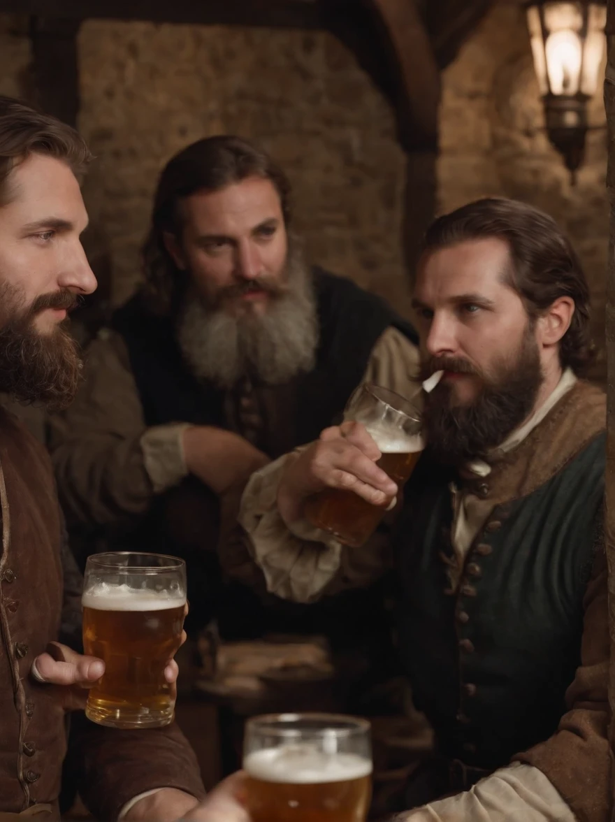A group of bearded and mustachioed men in medieval Europe drinking beer in a tavern, long shot, 8k resolution , masterpiece