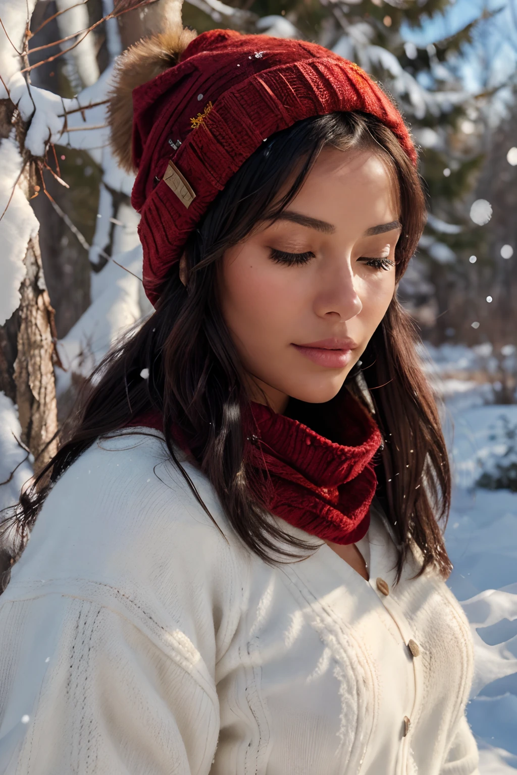 solo woman, in front of fall aspen trees, (highest quality texture), (vivid fall colored leaves: orange, red, yellow, green leaves) on the aspen trees, fall colored background, film quality, dark skinned woman dressed in high style fashion, she wears red velvet scarf, (highest level red velvet texture detail, luxurious), (extreme detail of her lips ), she wears fuzzy (thick cable knit stocking cap) pulled to her brow, (extreme knit hat detail texture), she's in front of beautiful fall aspen trees ,soft accent autumns light, snow flakes in the air, light snow coming down, (high detail of snow flakes, micro detailed variety of snow flake shapes, lovely), crisp gorgeous rembranndt like lighting, (Rembrandt patch), (highest quality window details), fall mountain aspens trees in background, silky long dark hair, hair bangs to her eyes, every detail,Fine facial features, Masterpiece – Masterpiece ○○ quality – ○○ quality best quality(Highest Quality) ,Leica film, best, solo female, High quality (hiquality) etc ○○ detailed – ○○ details ultra detailed(Ultra-fine ), Photorealistic, Extremely detailed(Extremely detailed) , Finely detailed(Fine-grained), (highest detail skin texture peachfuzz earlobe realistic) etc ○○ res – ○○ resolution ultra high res(A high resolution) , very high texture res(light resolution), Realistic – Realistic Photorealistic – photorealistic beautiful – beautiful 4k , 8K,extreme detail of nature, snow, dreamy, close and intimate, her eyes closed in thought