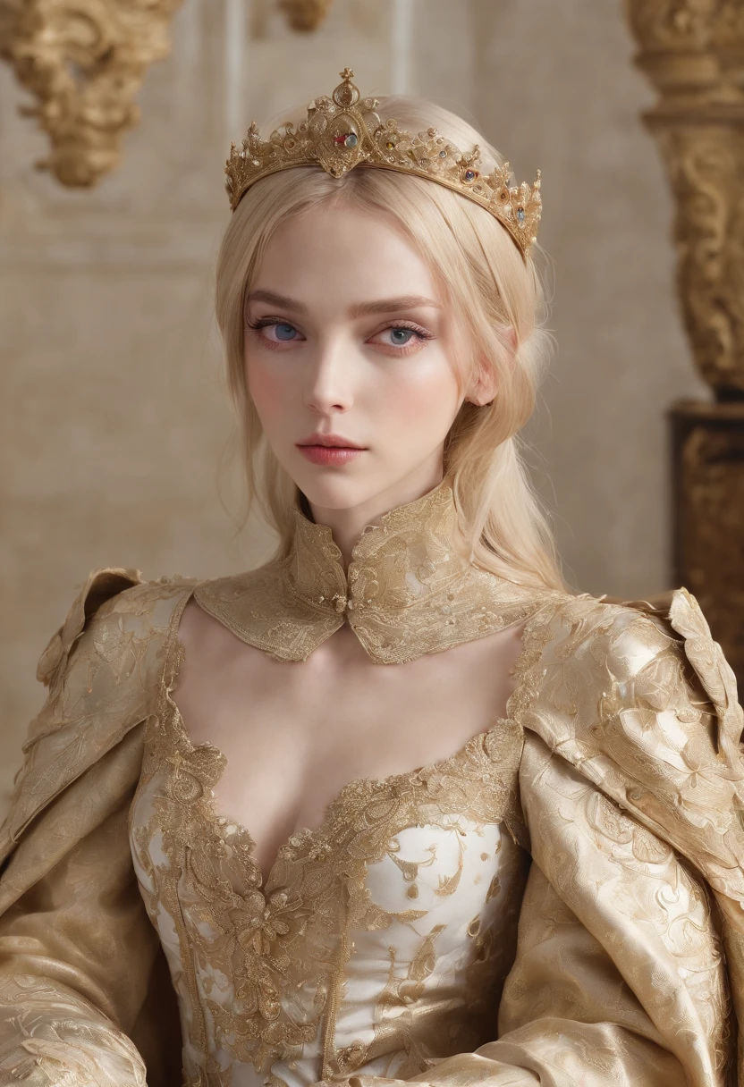 (Masterpiece: 1.2, Best Quality), Realistic, (Realistic Picture, Complex Details, Depth of Field), Best Quality, Masterpiece, Highly Detailed, Semi Realistic, 1 Girl, Mature Female, 21 Years Old, Blond Hair, Shoulder length Short Hair, Left Eye Covered with Hair, Blue Eyes, King's Clothes, Red Cloak, Slim Figure, Crown Made of Precious Gold, Reading Documents, Marking Documents, Goose Hair Pen, Office Table, Soft Bench, Palace, In the palace, during the Middle Ages