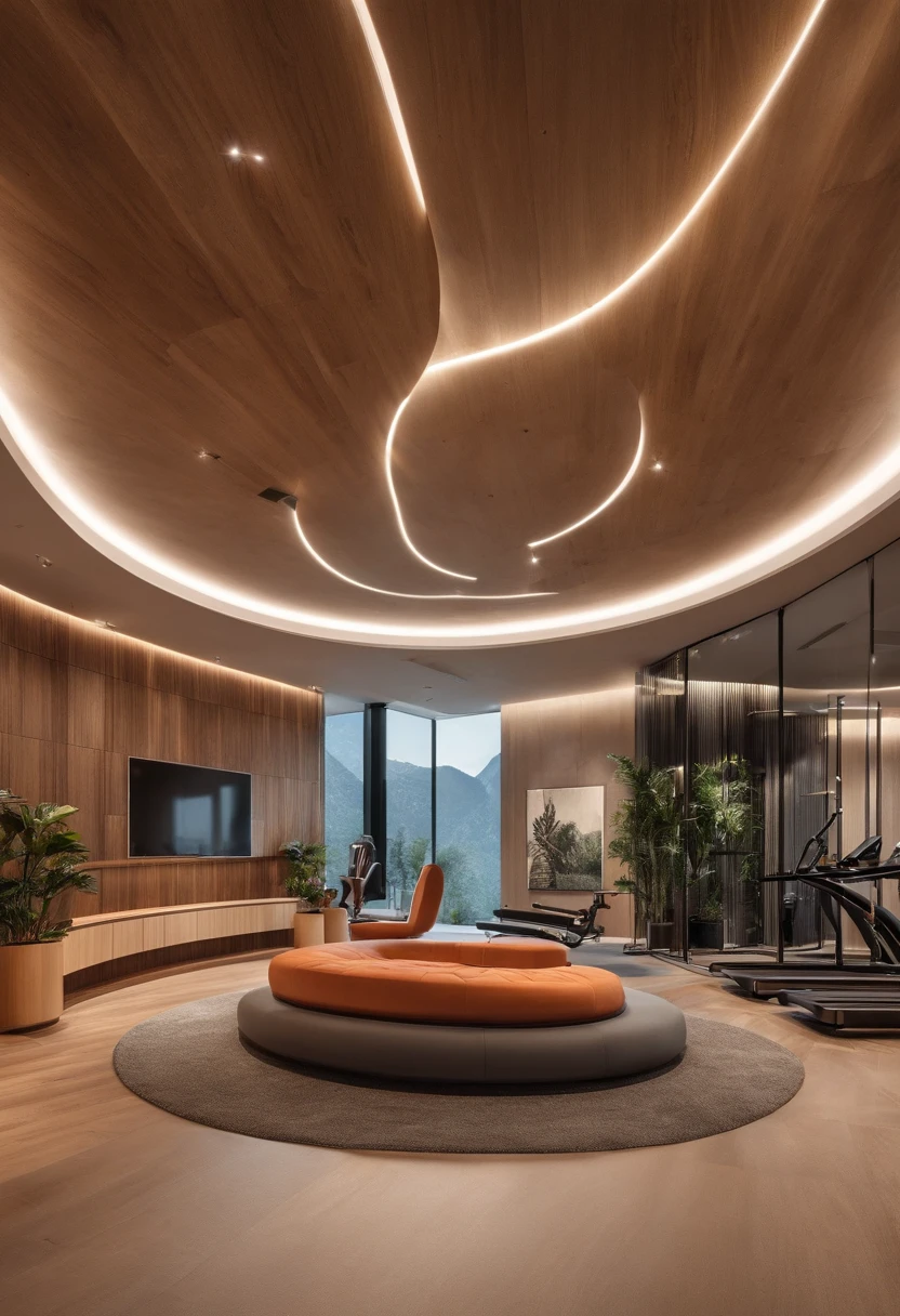 Art space,Suspended ceiling concrete,The wall curves smoothly,Wooden atmosphere,There are fitness equipment