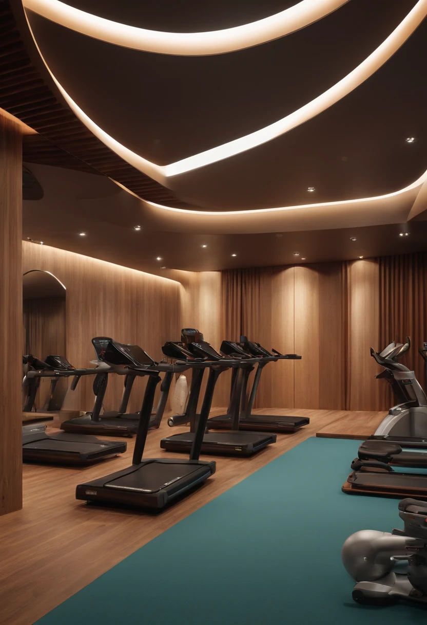 Art space，Suspended ceiling concrete，The wall curves smoothly，Wooden atmosphere，There are fitness equipment