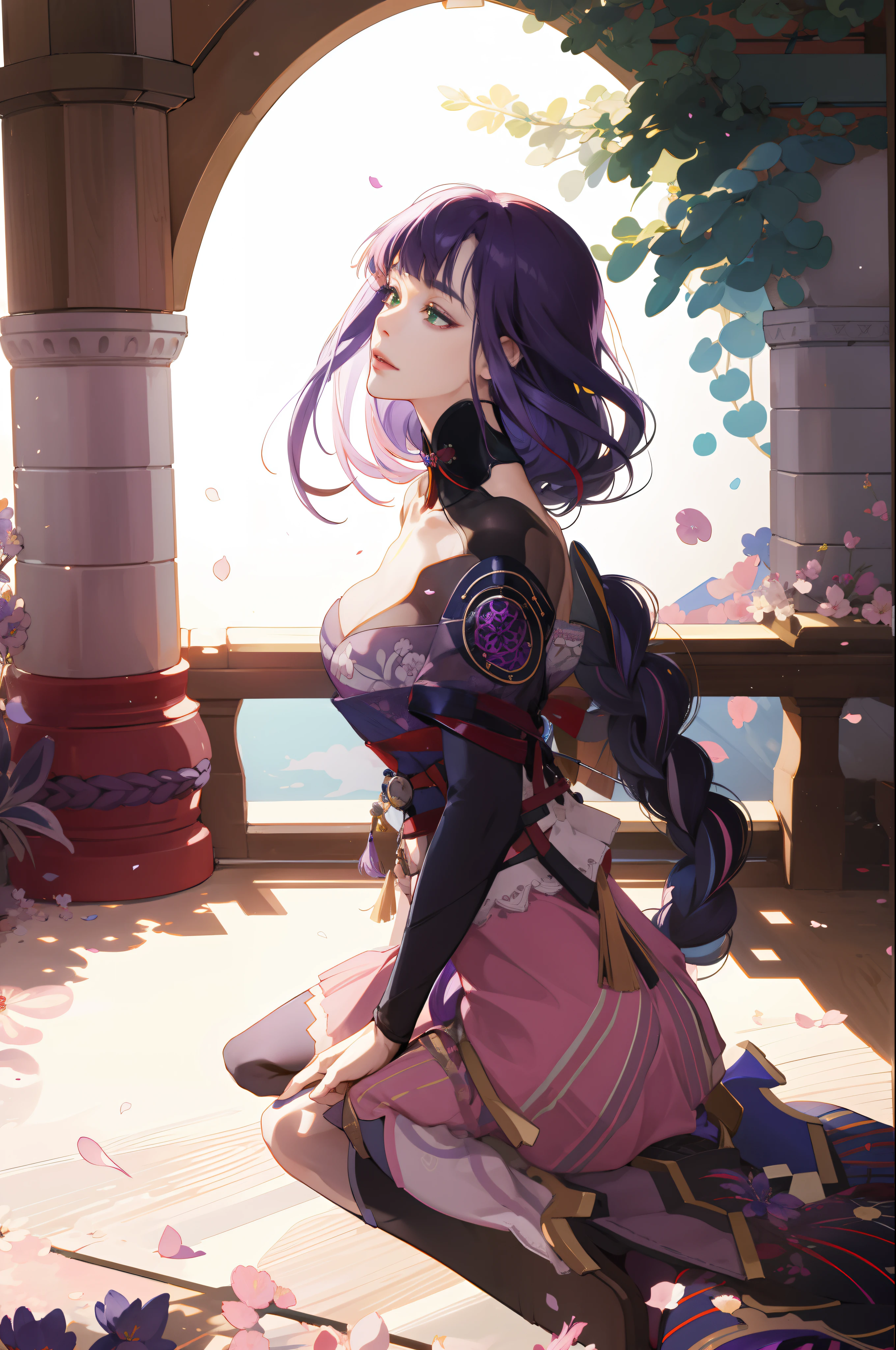 (absurdres, highres, ultra detailed), 1girl, mature female, wavy purple hair, long hair, blunt bangs, green eyes, pink dress, finely detailed eyes and detailed face, extremely detailed CG unity 8k wallpaper, intricate details, BREAK , kaleidoscopic imagery, symmetrical patterns, vibrant colors, geometric shapes, mesmerizing designs, optical illusions, dynamic composition BREAK , pantomime art, expressive body language, silent storytelling, evocative gestures, visual narratives, theatrical performances BREAK , blooming flowers, colorful petals, fragrant scents, nature's bounty, vibrant gardens, peaceful scenery