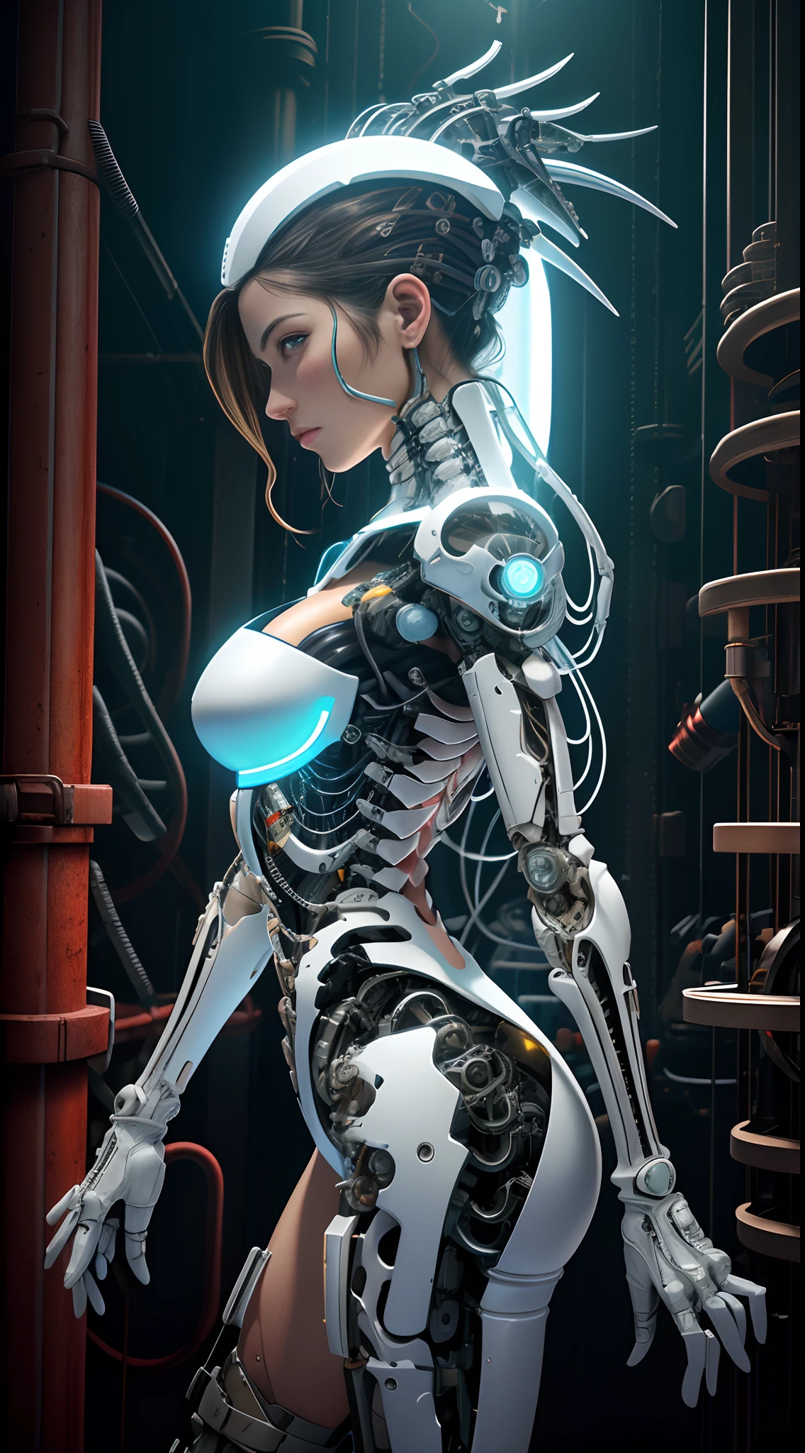 (((masterpiece))), ((best quality)), (ultra-detailed), (CG illustration), (an extremely devious and beautiful)), cinematic light, ((1 mechanical girl)), single, (machine-made joints: 1.4), ((mechanical limbs)), ( blood vessels attached to the tube), ((mechanical spine attached to the back)), ((mechanical cervical vertebrae attached to the neck), ((back to the viewer)), expressionless, (wires and cables attached to the head and body: 1.5), science fiction, apocalypse, ruins