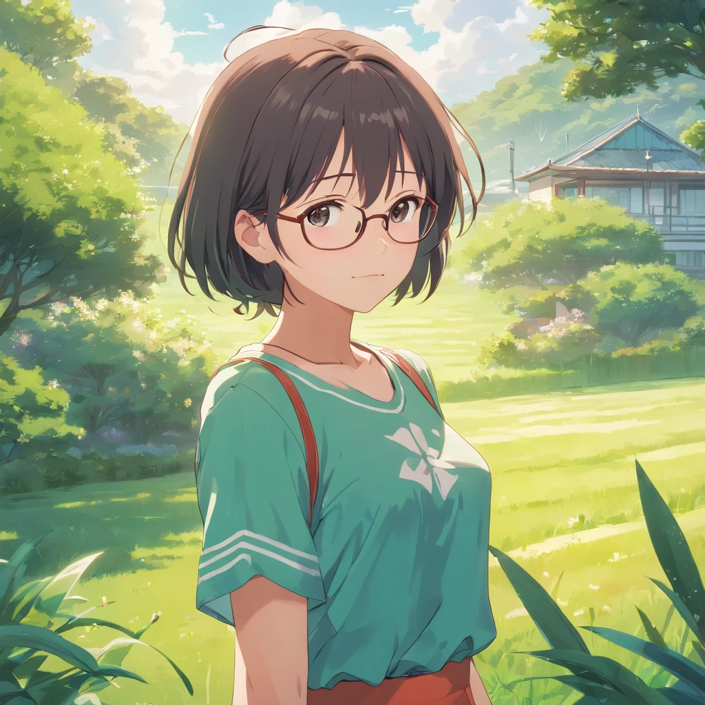 (a gloomy:1.5), Infinite Green [lawn:1.3], natural landscape:1.2], strong craving, Girl with glasses,Youth love, Every expression is gentle, A smile,Accompanied by a cute cat. The combination of beauty and honesty，Streaming Tears，sun shining、The lawn is spreading,Woman Standing With Guitar、