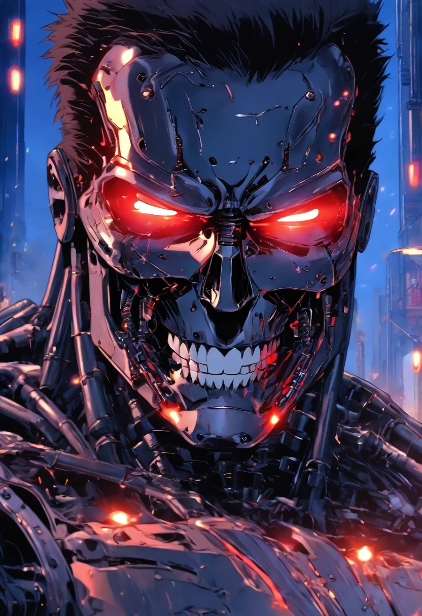 Terminator T-800, atmosphere of darkness and horror, in the style of wallpaper portraits, realism, modular, uhd image, --ar 71:121 --s 750 --niji 5