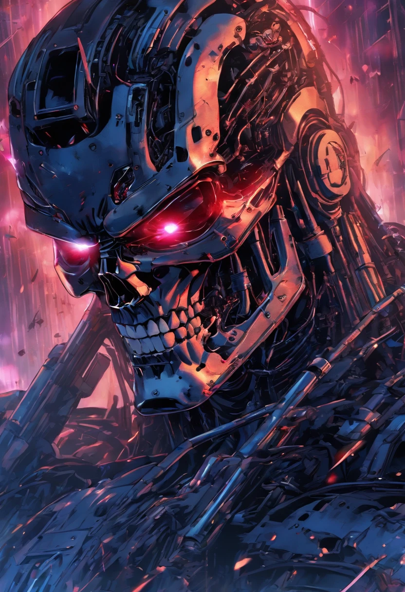 Terminator T-800, atmosphere of darkness and horror, in the style of wallpaper portraits, realism, modular, uhd image, --ar 71:121 --s 750 --niji 5