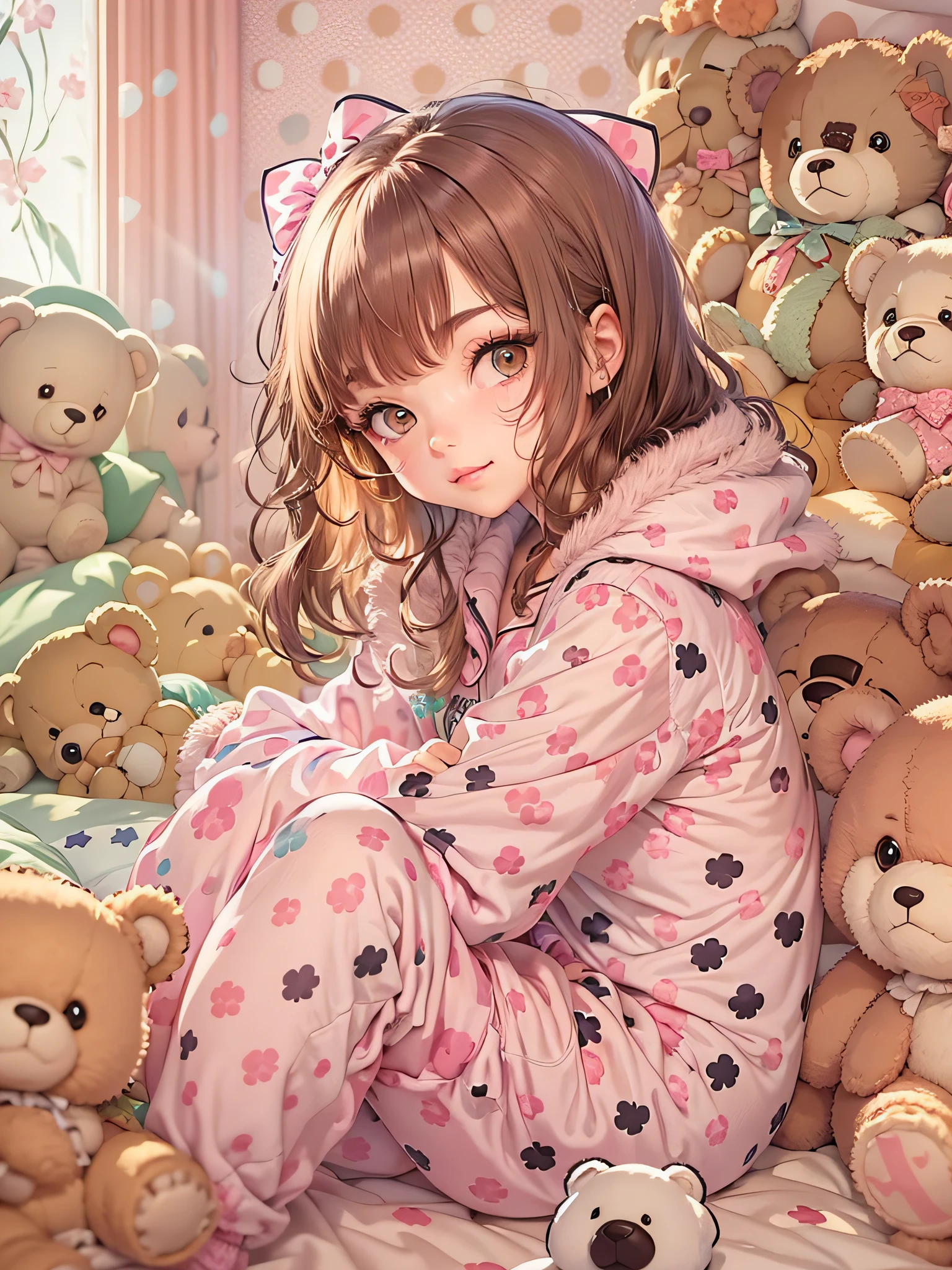 cute 18 year old girl dressed in polka dot pajamas, in a pink room full of teddy bears, anime style image
