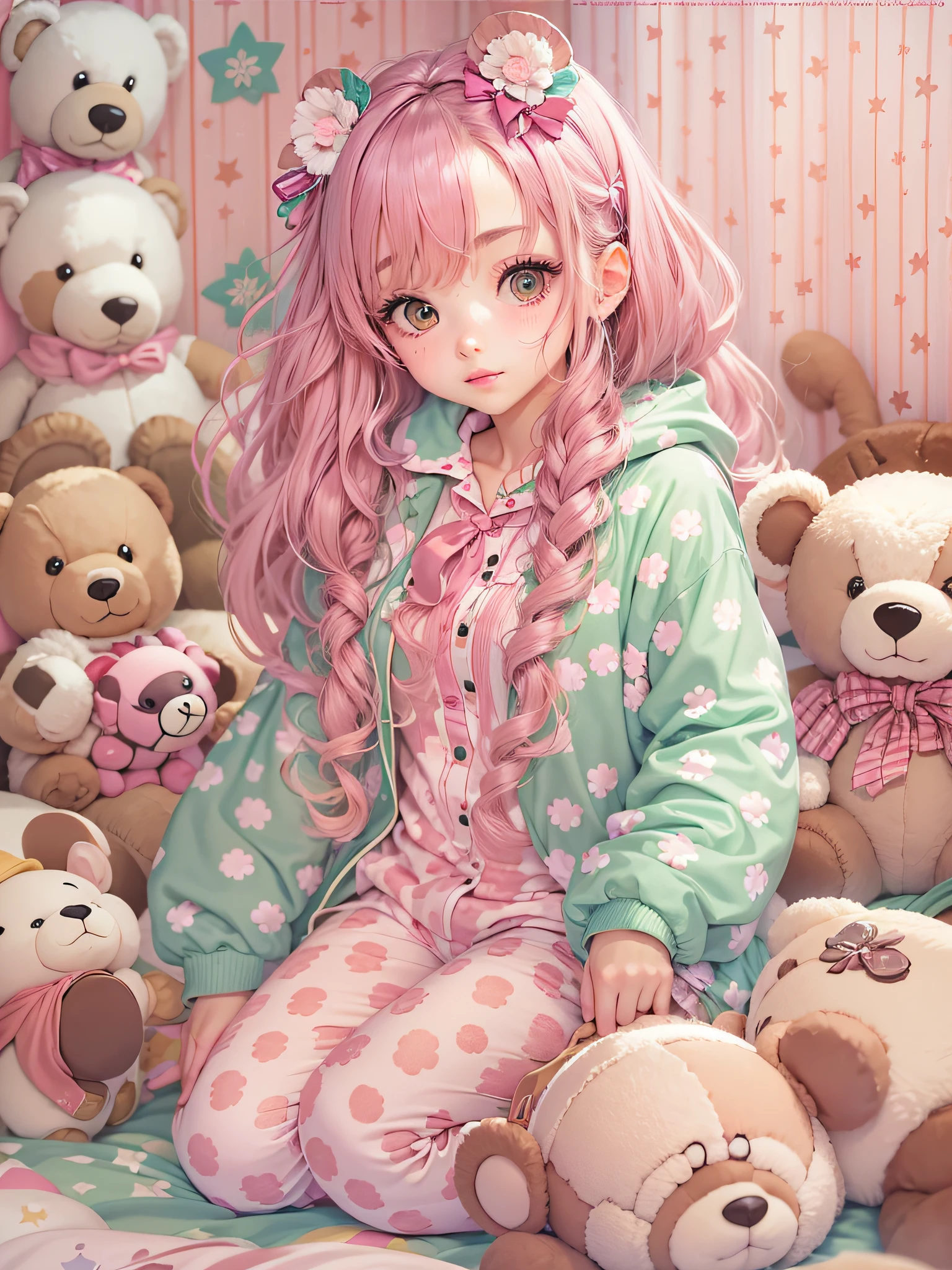 cute 18 year old girl dressed in polka dot pajamas, in a pink room full of teddy bears, anime style image